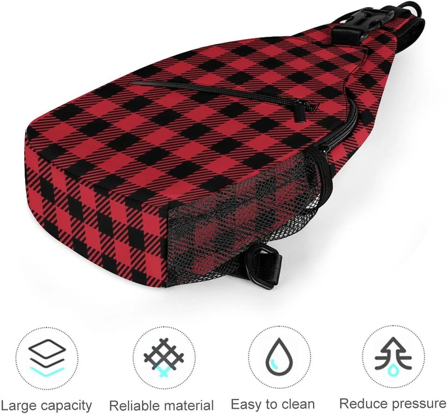 Chest Bag for Men Women for Red Black Buffalo Check Plaid Christmas Sling Shoulder Backpack Large Capacity Crossbody with Adjustable Shoulder Strap