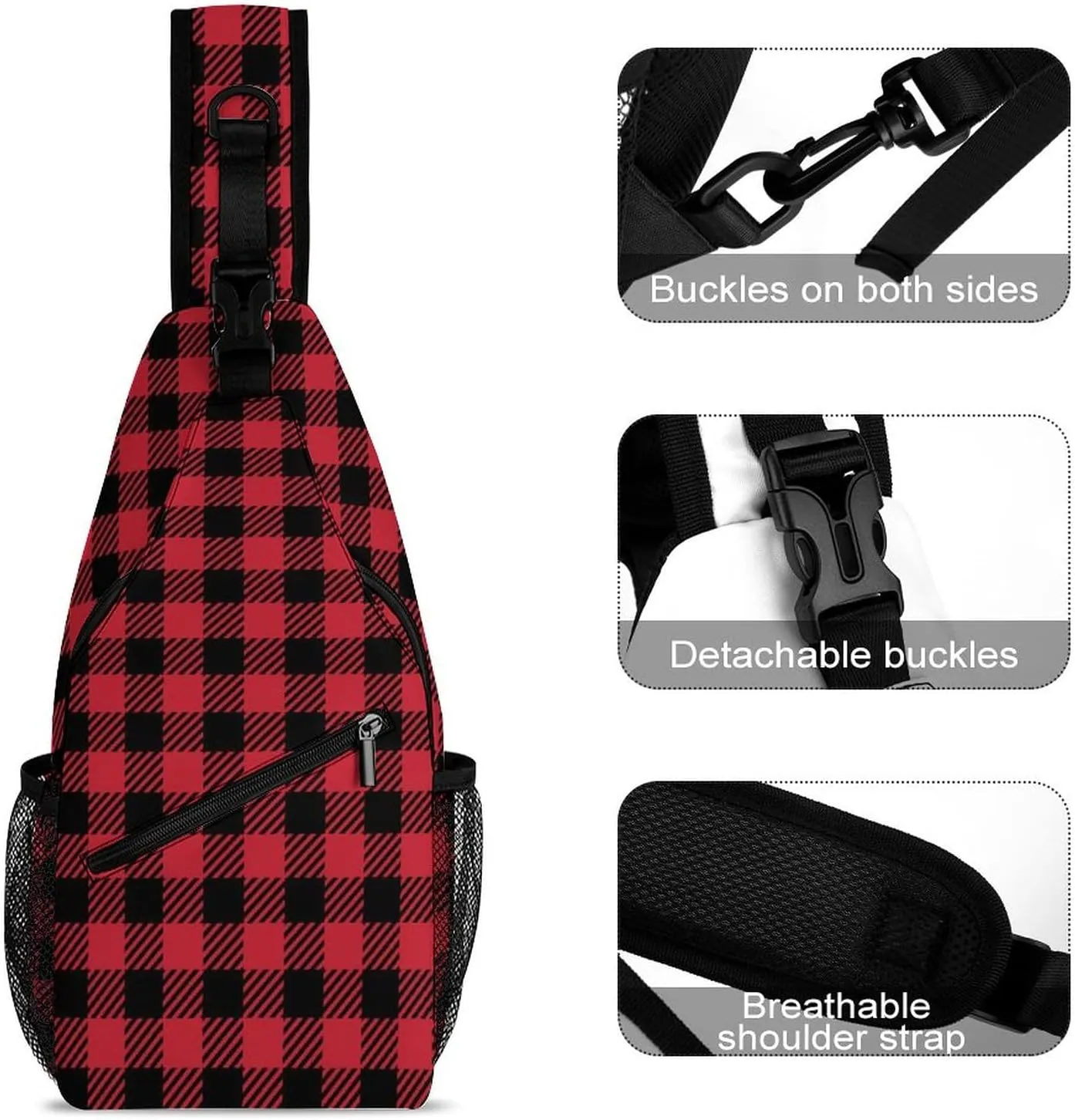 Chest Bag for Men Women for Red Black Buffalo Check Plaid Christmas Sling Shoulder Backpack Large Capacity Crossbody with Adjustable Shoulder Strap