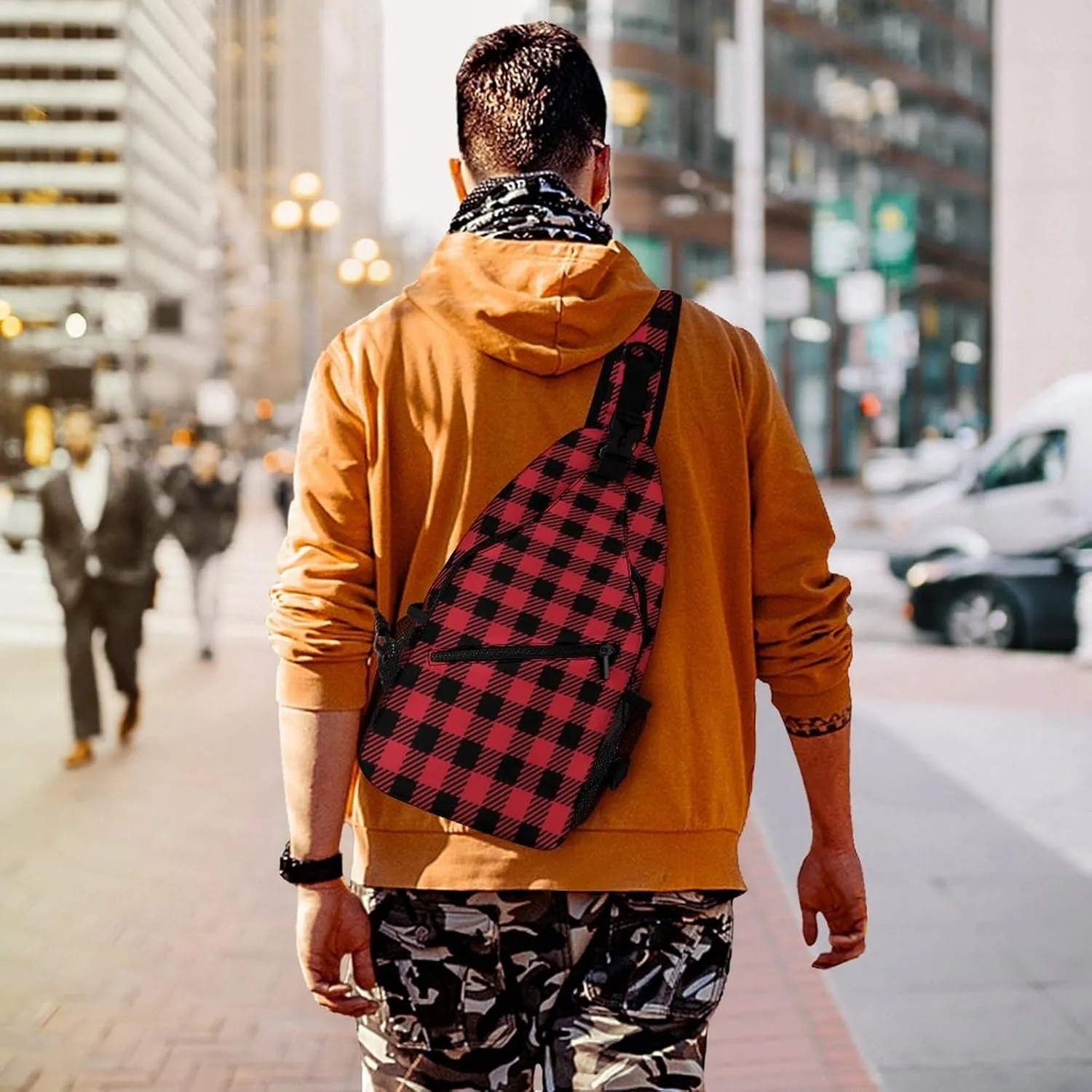 Chest Bag for Men Women for Red Black Buffalo Check Plaid Christmas Sling Shoulder Backpack Large Capacity Crossbody with Adjustable Shoulder Strap