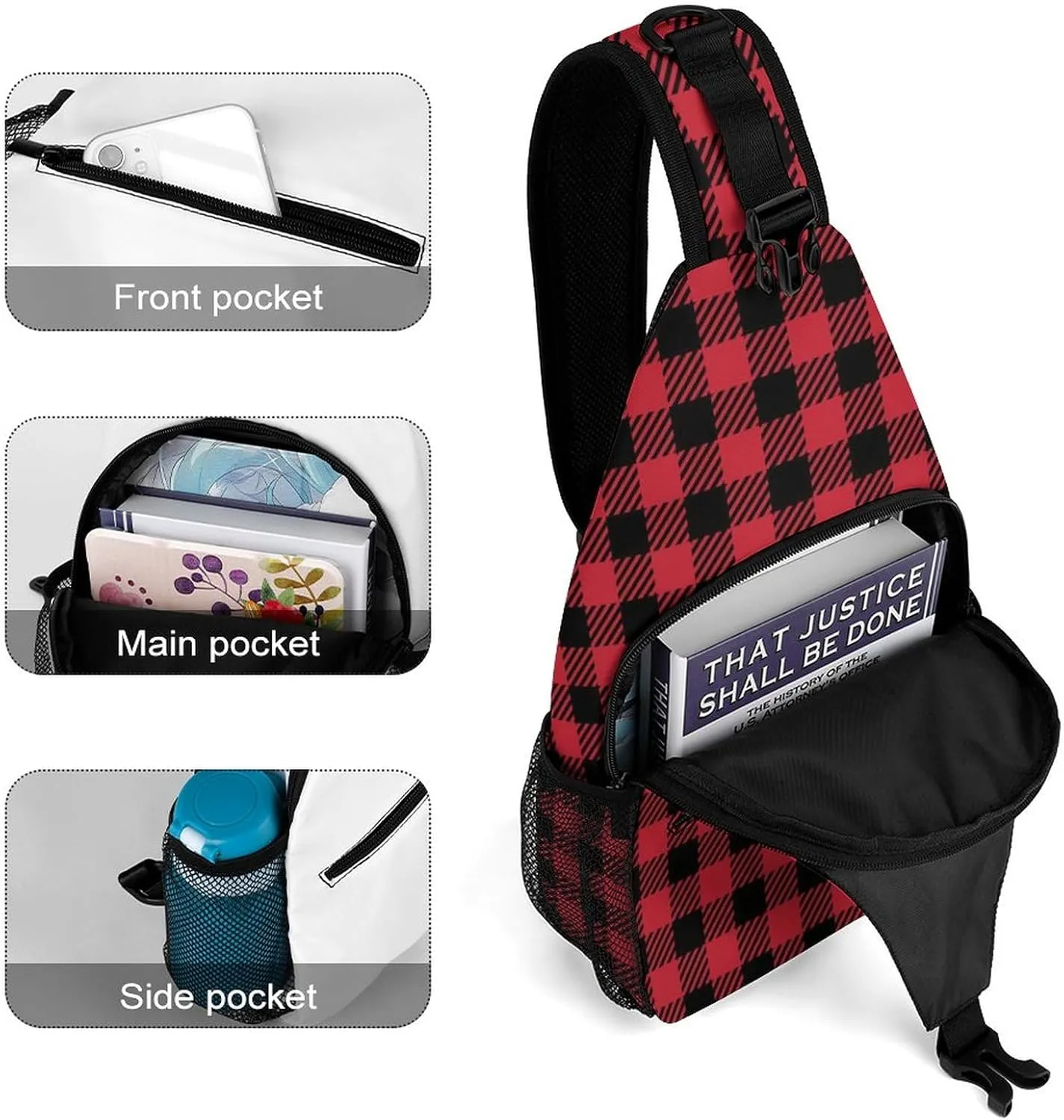 Chest Bag for Men Women for Red Black Buffalo Check Plaid Christmas Sling Shoulder Backpack Large Capacity Crossbody with Adjustable Shoulder Strap