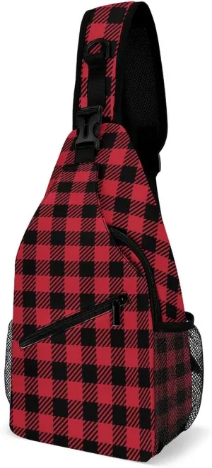 Chest Bag for Men Women for Red Black Buffalo Check Plaid Christmas Sling Shoulder Backpack Large Capacity Crossbody with Adjustable Shoulder Strap