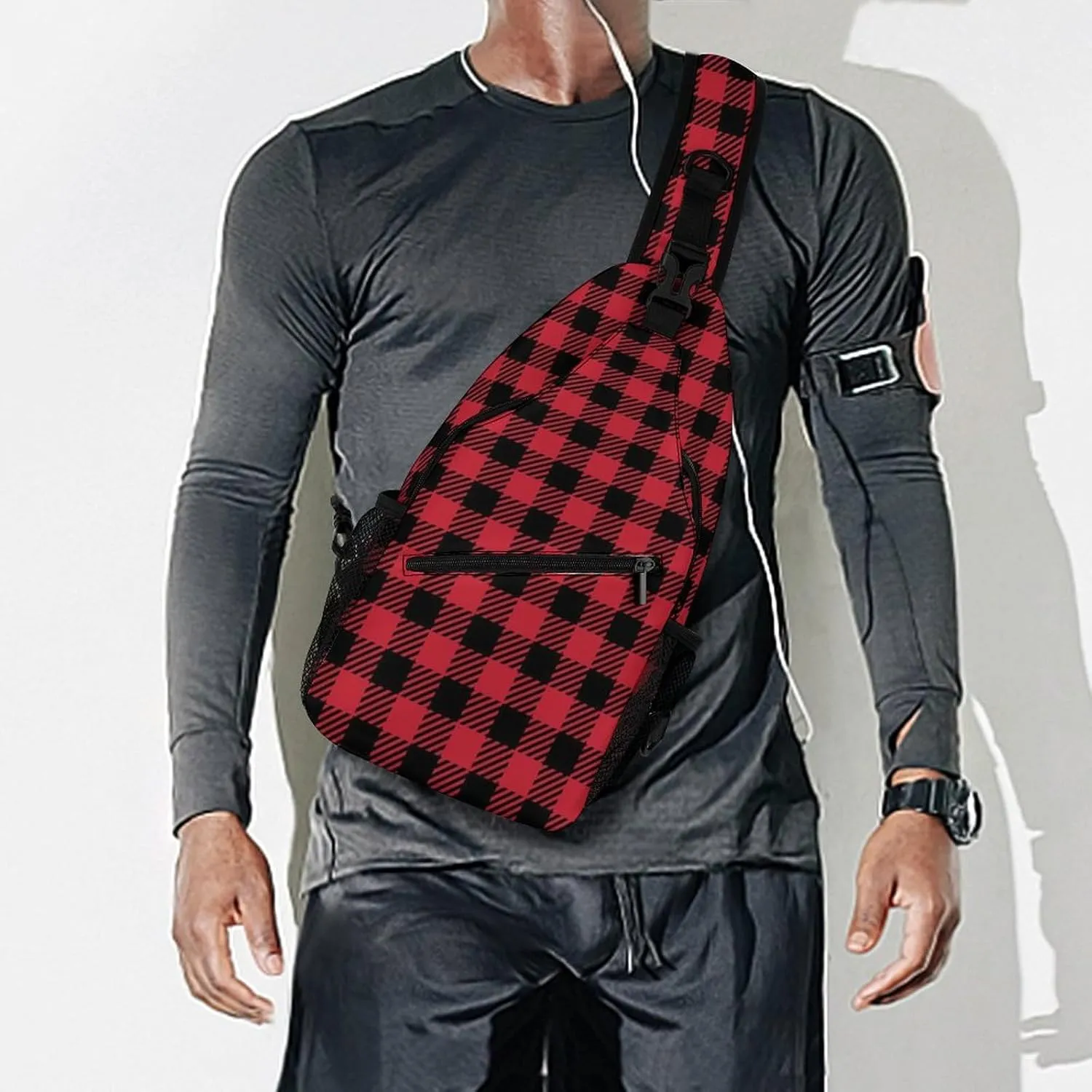 Chest Bag for Men Women for Red Black Buffalo Check Plaid Christmas Sling Shoulder Backpack Large Capacity Crossbody with Adjustable Shoulder Strap