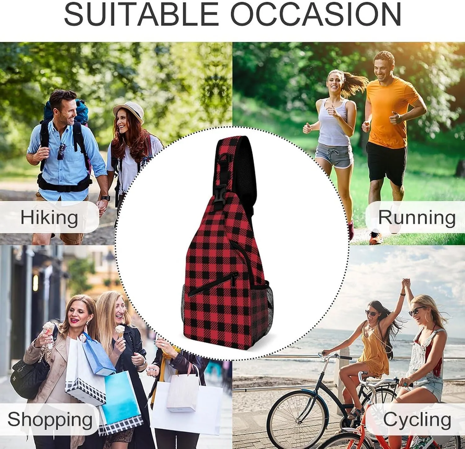 Chest Bag for Men Women for Red Black Buffalo Check Plaid Christmas Sling Shoulder Backpack Large Capacity Crossbody with Adjustable Shoulder Strap
