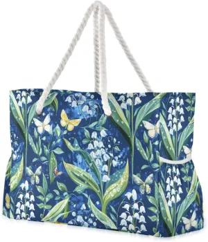 Chic Lily Of Valley Blue Floral Sturdy Duffel Bag Sports Tote with side pocketes Bag For Women for Travel Gym Vacation