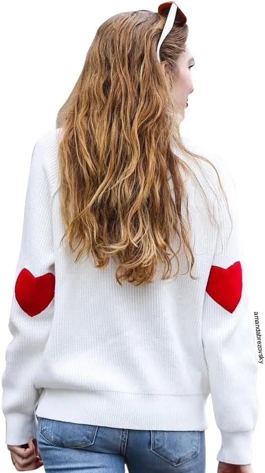 CHICWISH Women Comfy Casual Long Sleeve Heart Shape Patched Grey/White/Navy Knit Top Pullover Sweater