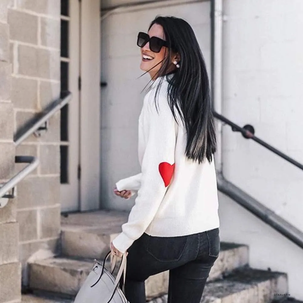 CHICWISH Women Comfy Casual Long Sleeve Heart Shape Patched Grey/White/Navy Knit Top Pullover Sweater