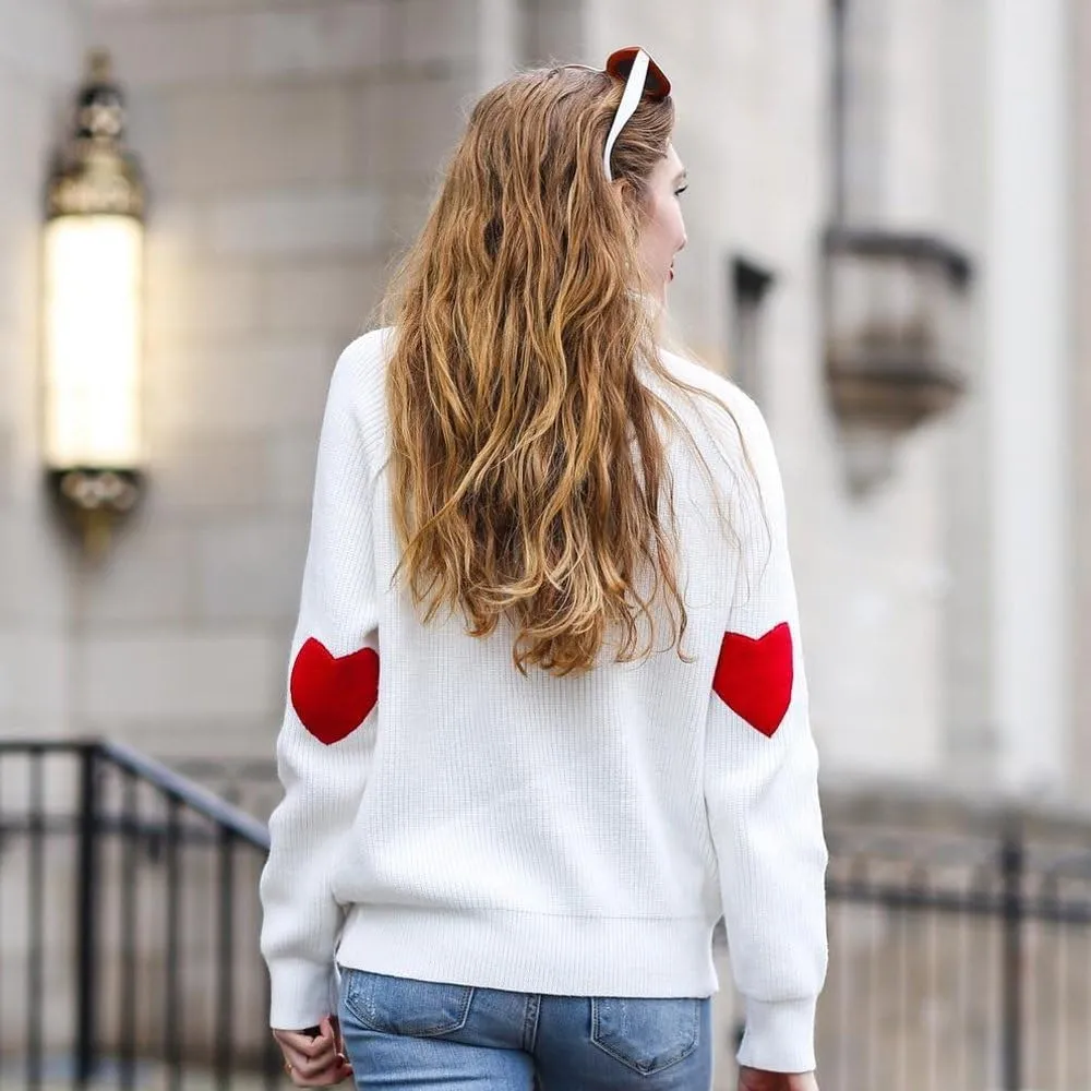 CHICWISH Women Comfy Casual Long Sleeve Heart Shape Patched Grey/White/Navy Knit Top Pullover Sweater