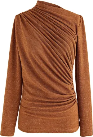 CHICWISH Women's Mock Neck Ruched Long Sleeves Knit Top