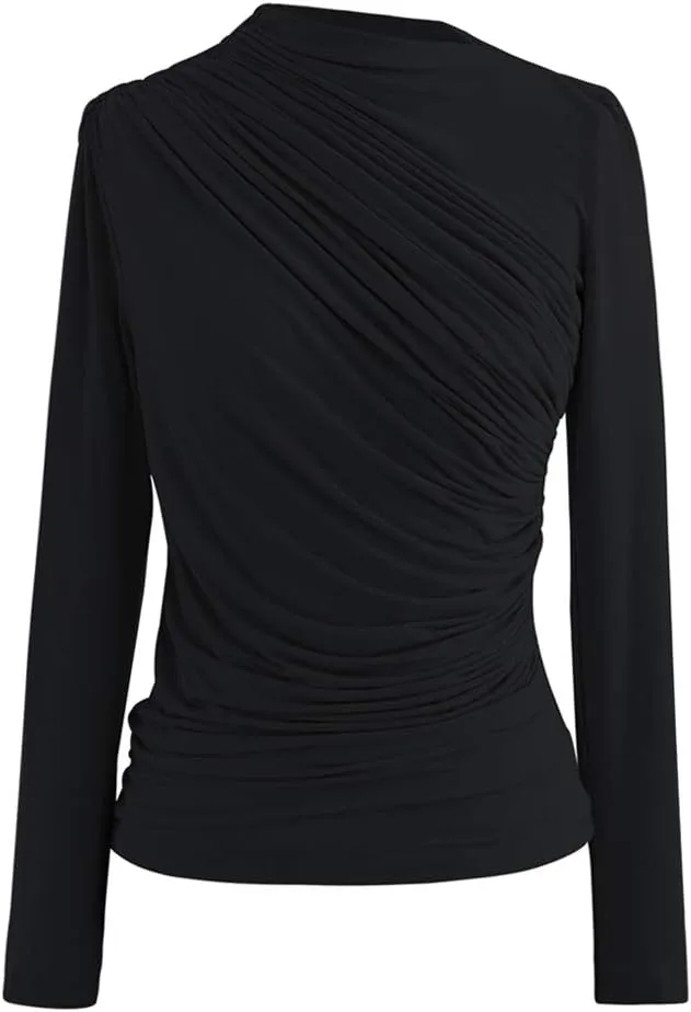 CHICWISH Women's Mock Neck Ruched Long Sleeves Knit Top
