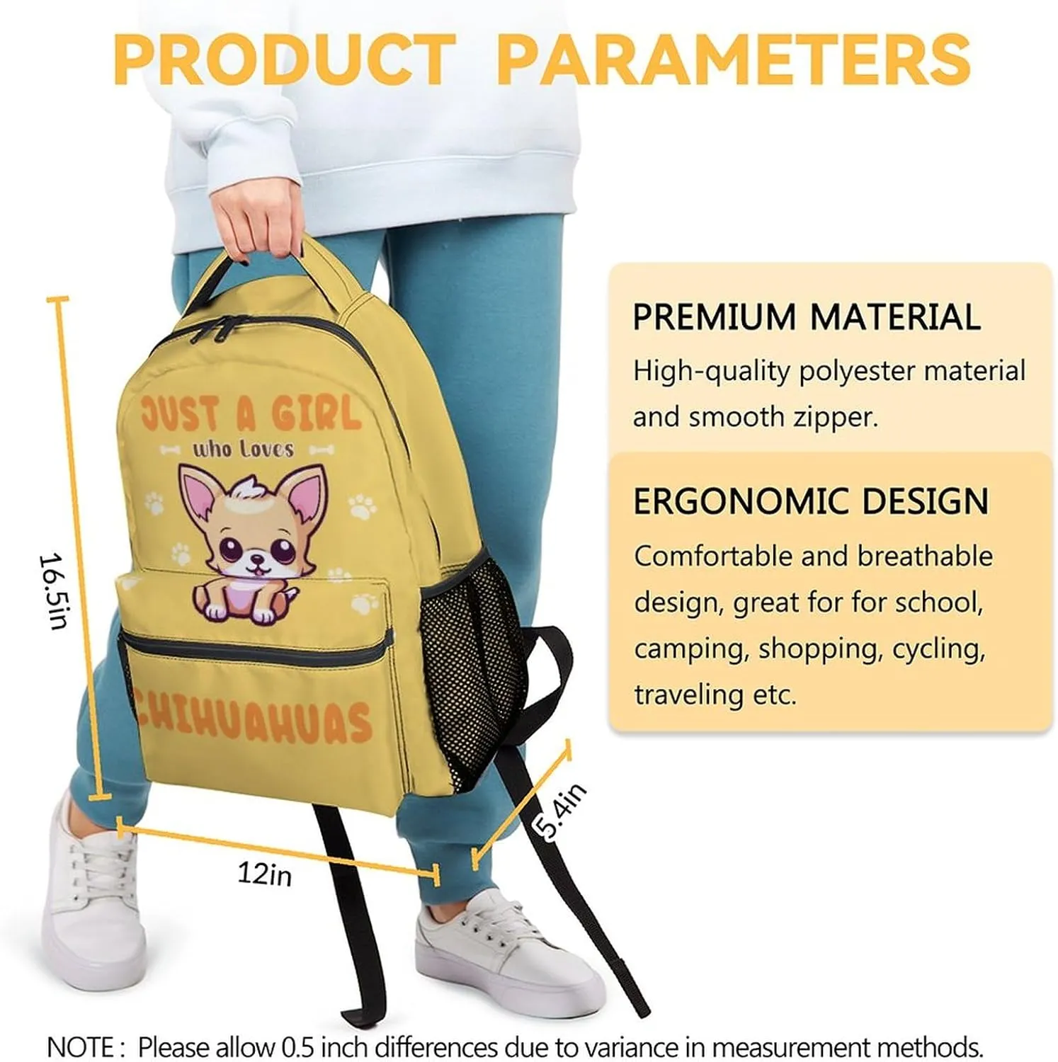 Chihuahua Backpack for Girls, 16 Inch Yellow Backpacks for School, Cute Lightweight Bookbag for Kids