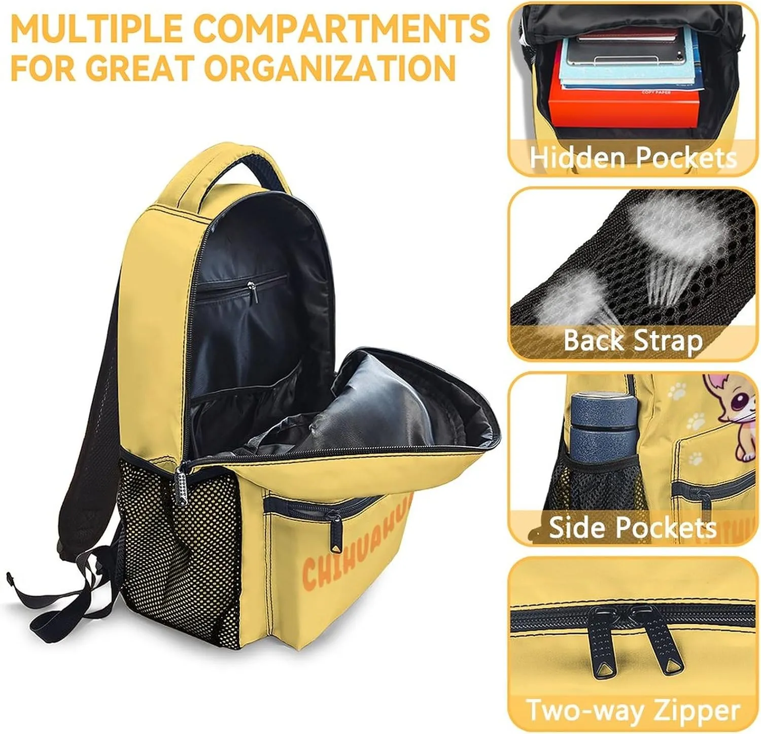 Chihuahua Backpack for Girls, 16 Inch Yellow Backpacks for School, Cute Lightweight Bookbag for Kids