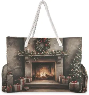 Christmas Fireplace Tree Beach Bag for Women Large Beach Tote Bag with Zipper for Travel Vacation