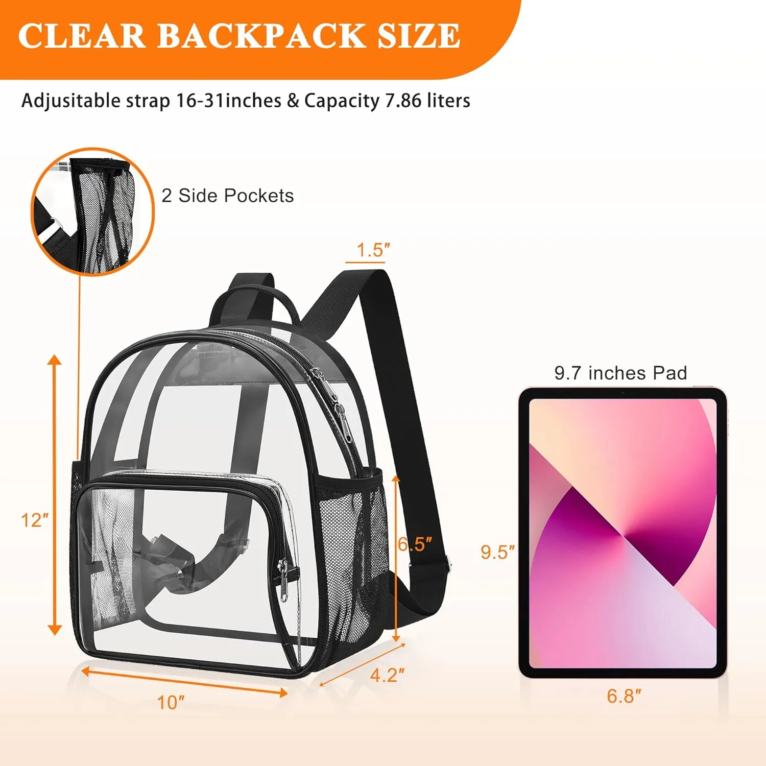Clear Backpack for Stadium Events 12x12x6 Small Clear Backpack for Concert Sport Events Work, Black