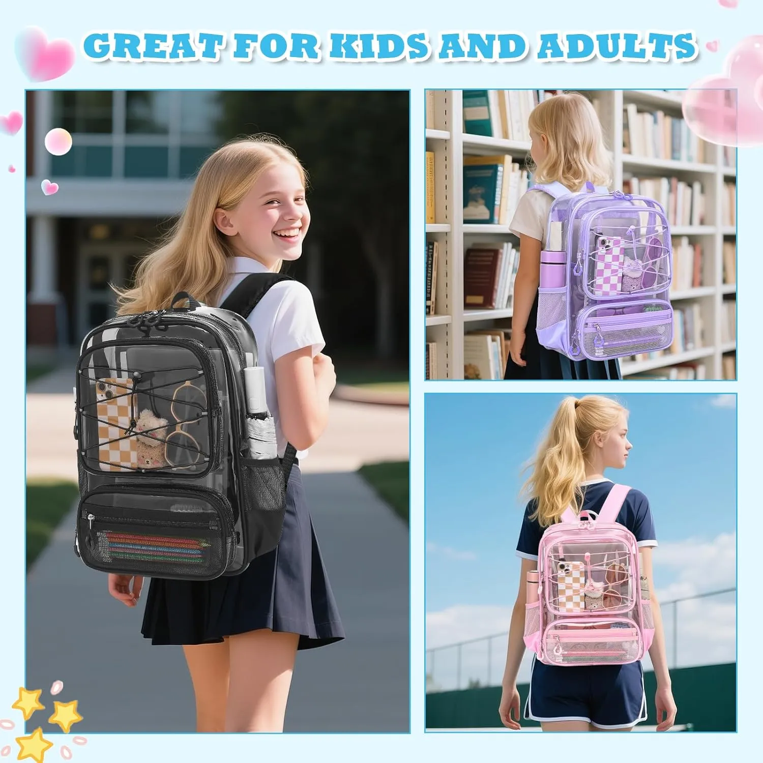 Clear Backpack Heavy Duty for Stadium Events - Large PVC Clear Backpacks for School, kids, Boys and Girls (Black)