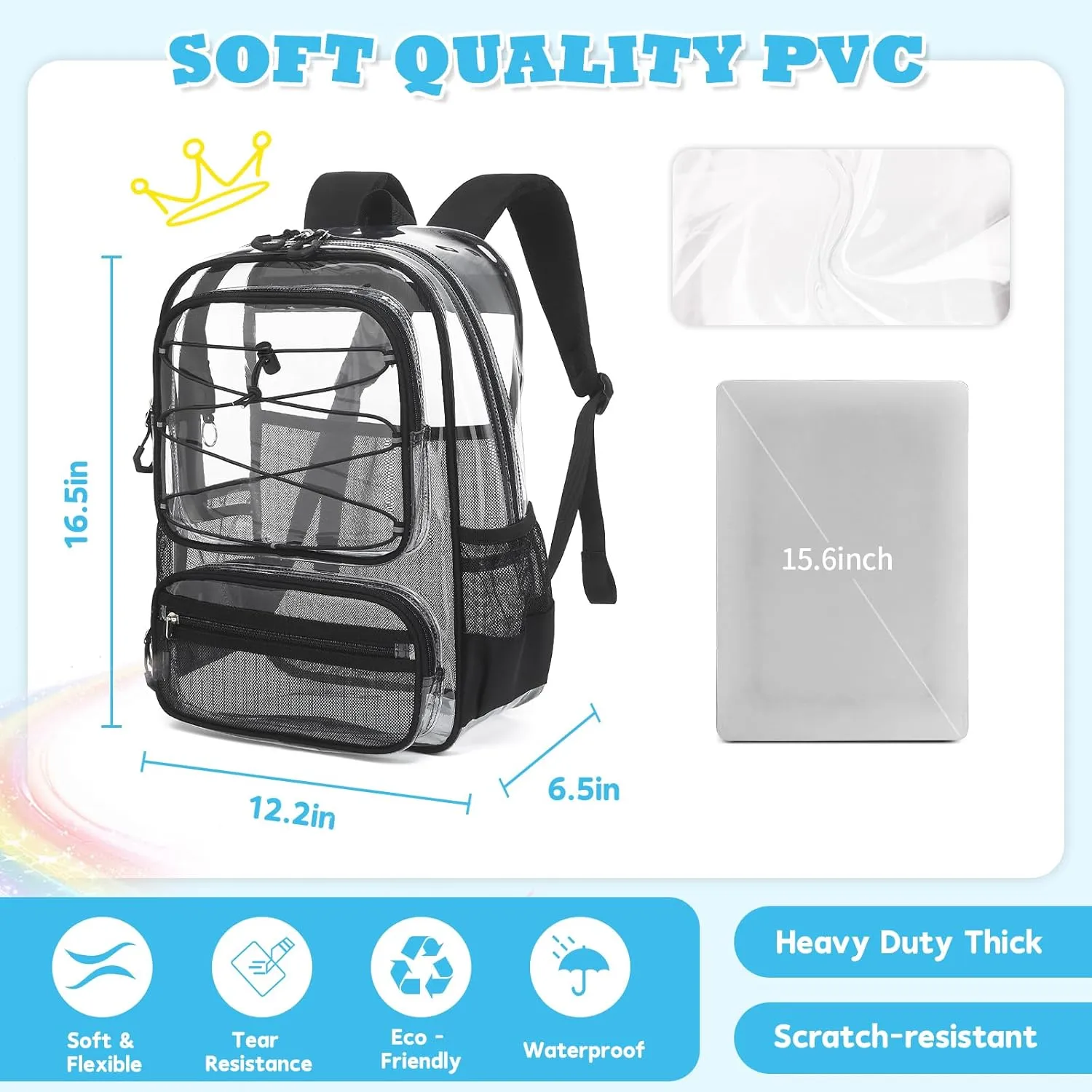 Clear Backpack Heavy Duty for Stadium Events - Large PVC Clear Backpacks for School, kids, Boys and Girls (Black)