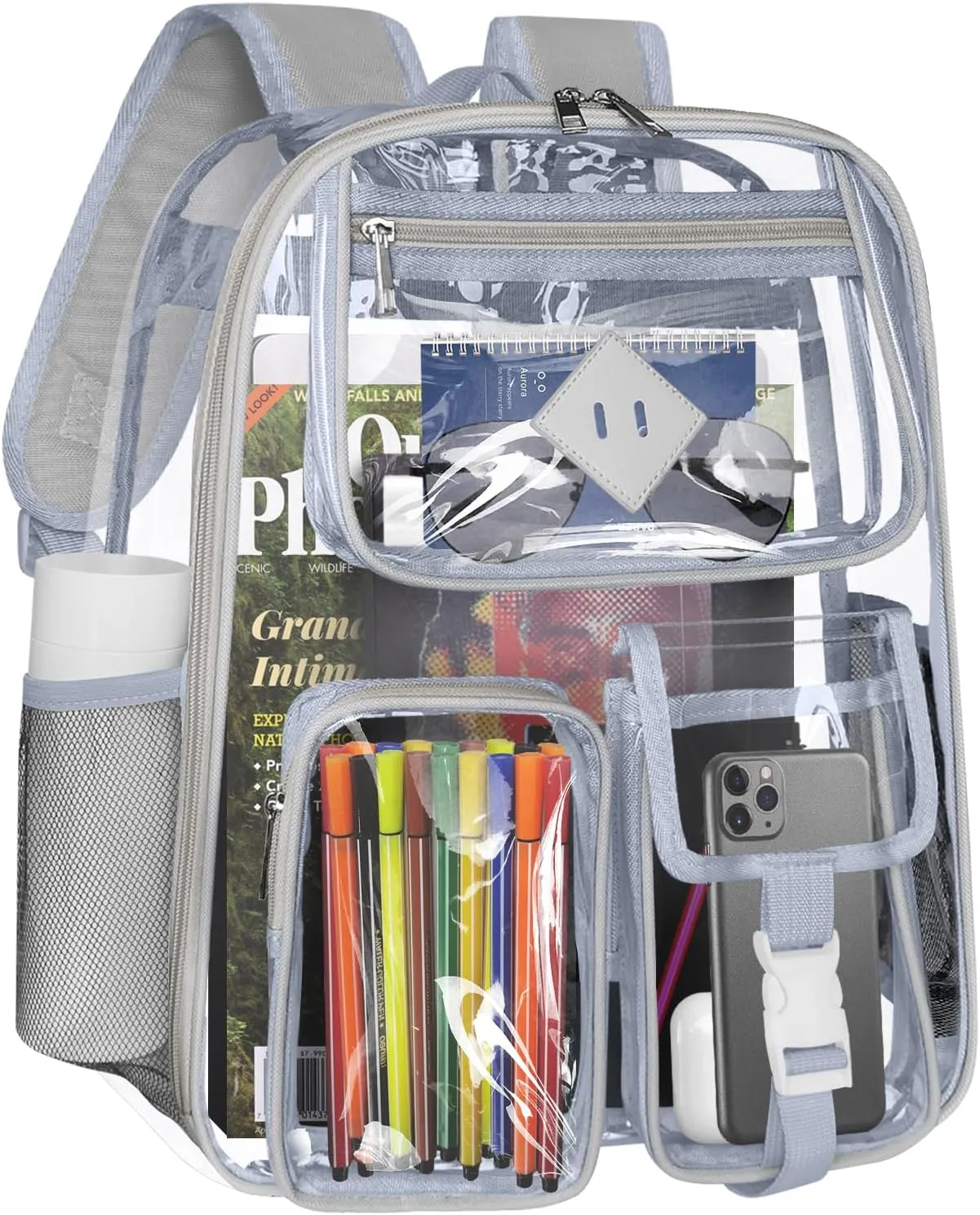 Clear Backpack Heavy Duty Large PVC Transparent See Through Backpacks Work Travel Stadium Approved Festival Backpack (Grey)