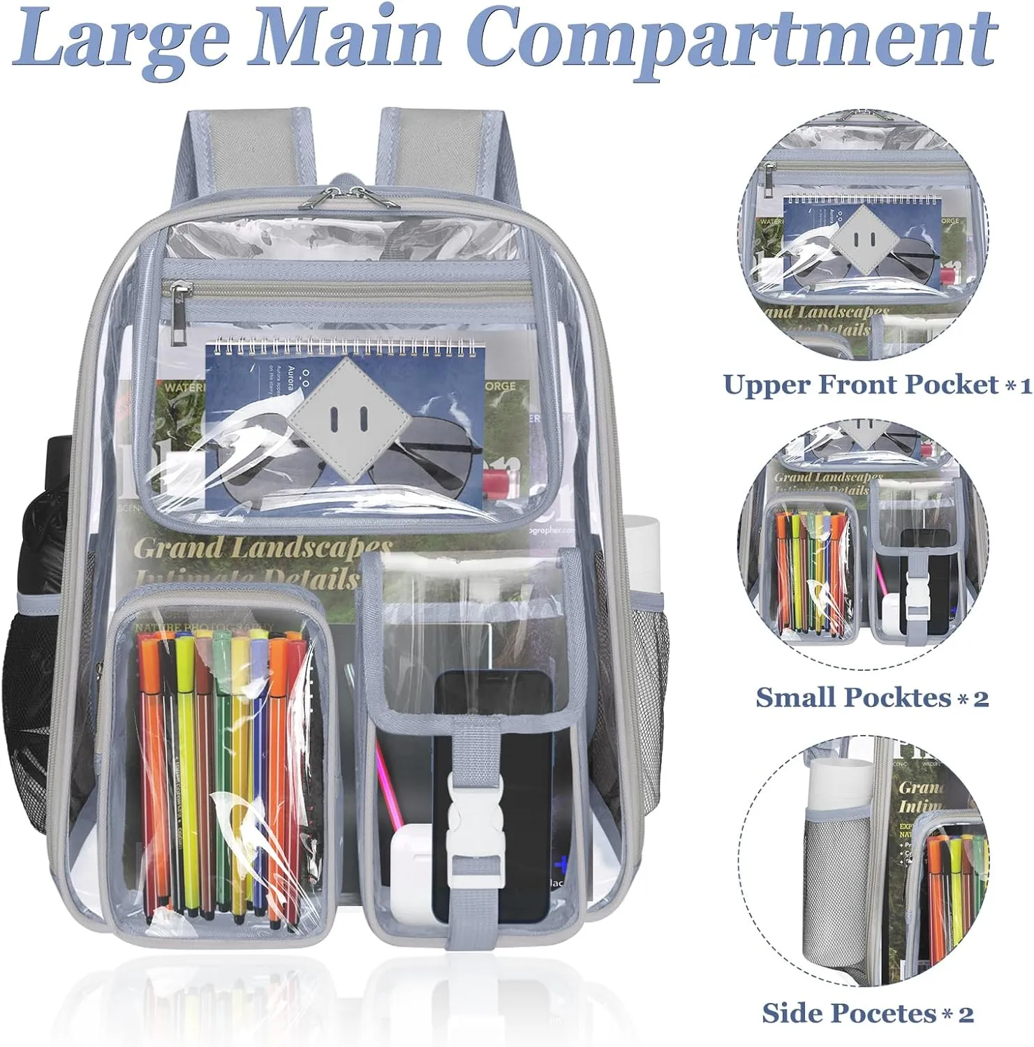 Clear Backpack Heavy Duty Large PVC Transparent See Through Backpacks Work Travel Stadium Approved Festival Backpack (Grey)