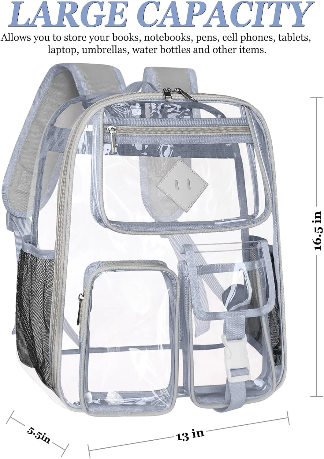 Clear Backpack Heavy Duty Large PVC Transparent See Through Backpacks Work Travel Stadium Approved Festival Backpack (Grey)