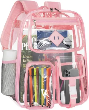 Clear Backpack Heavy Duty Large PVC Transparent See Through Backpacks Work Travel Stadium Approved Festival Backpack (Pink)