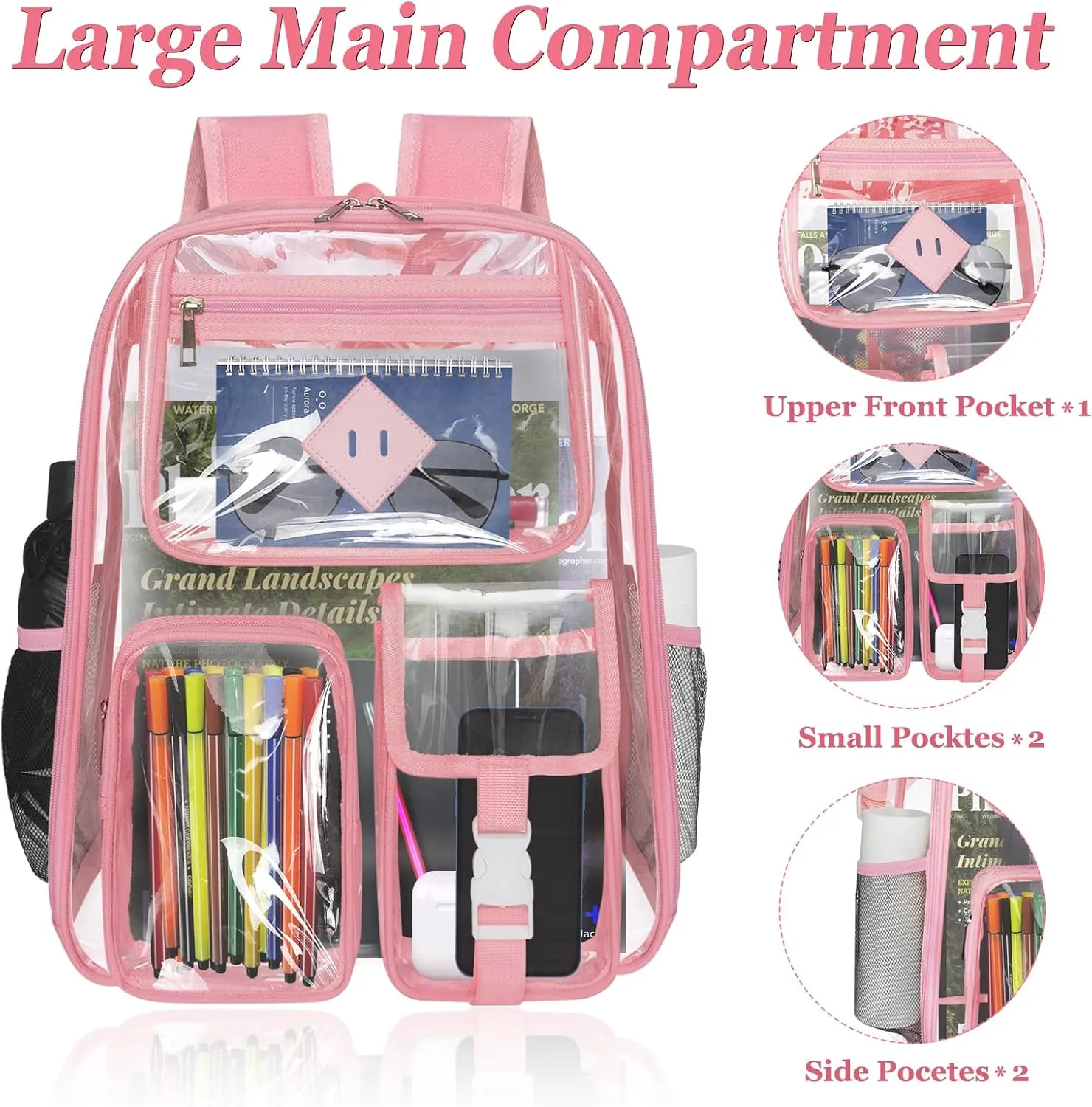 Clear Backpack Heavy Duty Large PVC Transparent See Through Backpacks Work Travel Stadium Approved Festival Backpack (Pink)