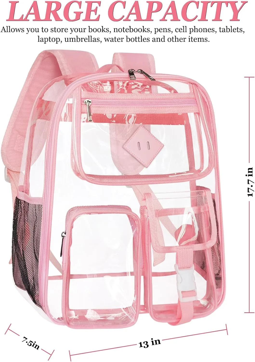 Clear Backpack Heavy Duty Large PVC Transparent See Through Backpacks Work Travel Stadium Approved Festival Backpack (Pink)