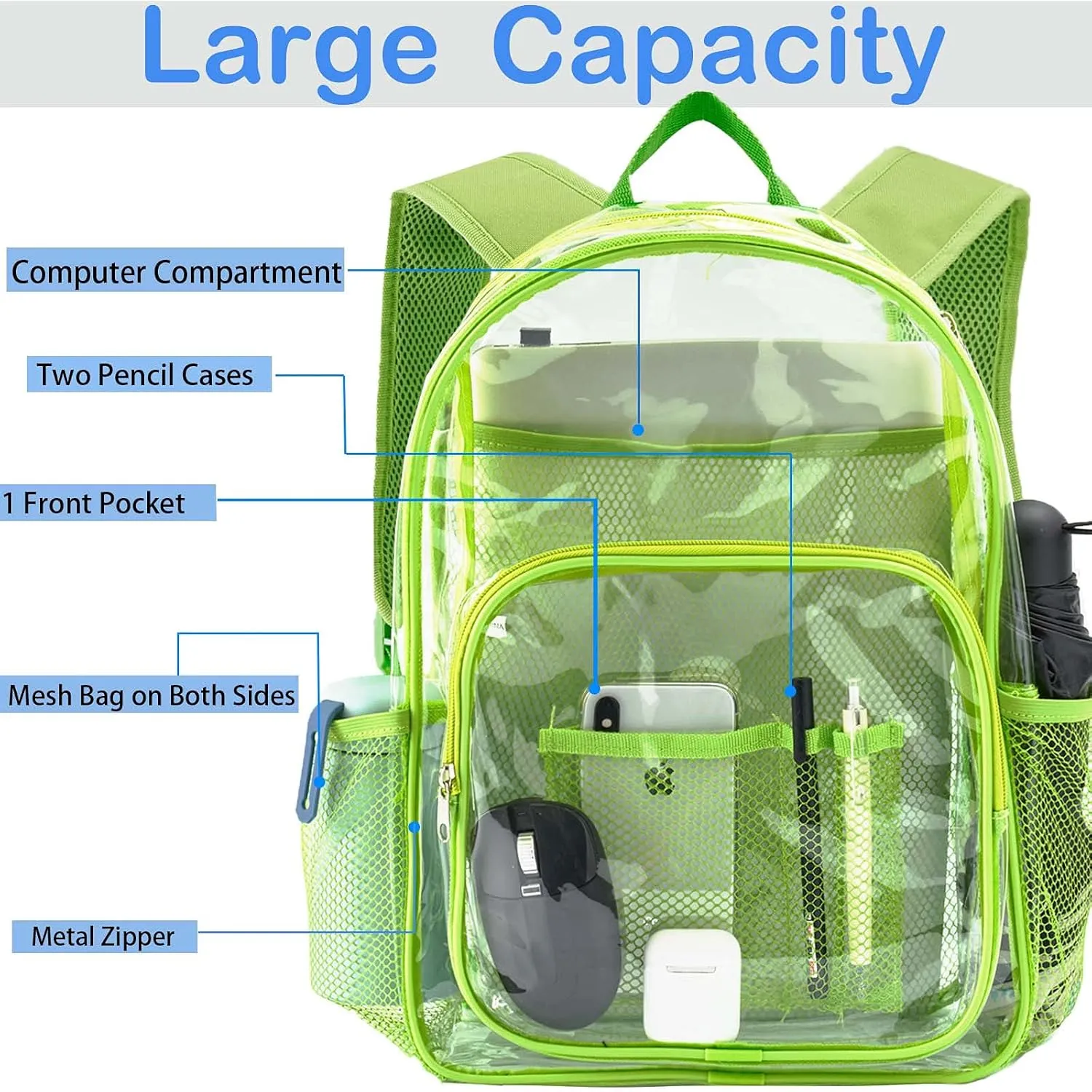 Clear Backpack Heavy Duty Pvc Bookbag for School - See Through Transparent Stadium Approved Backpacks for Women Concert Sport Venues Work Travel,Lemon green
