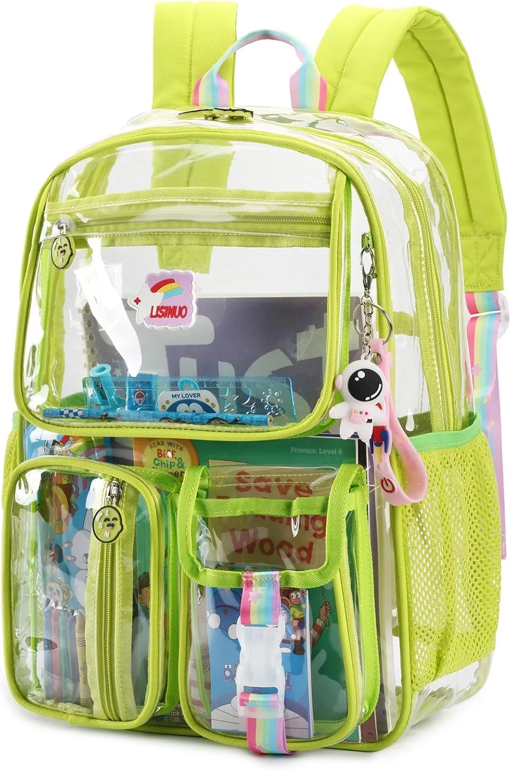 Clear Backpack Heavy Duty,Transparent Backpacks for School,Girls bookbag Stadium Approved,With Keychain(Green)