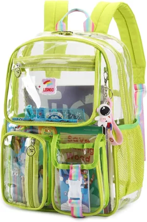 Clear Backpack Heavy Duty,Transparent Backpacks for School,Girls bookbag Stadium Approved,With Keychain(Green)