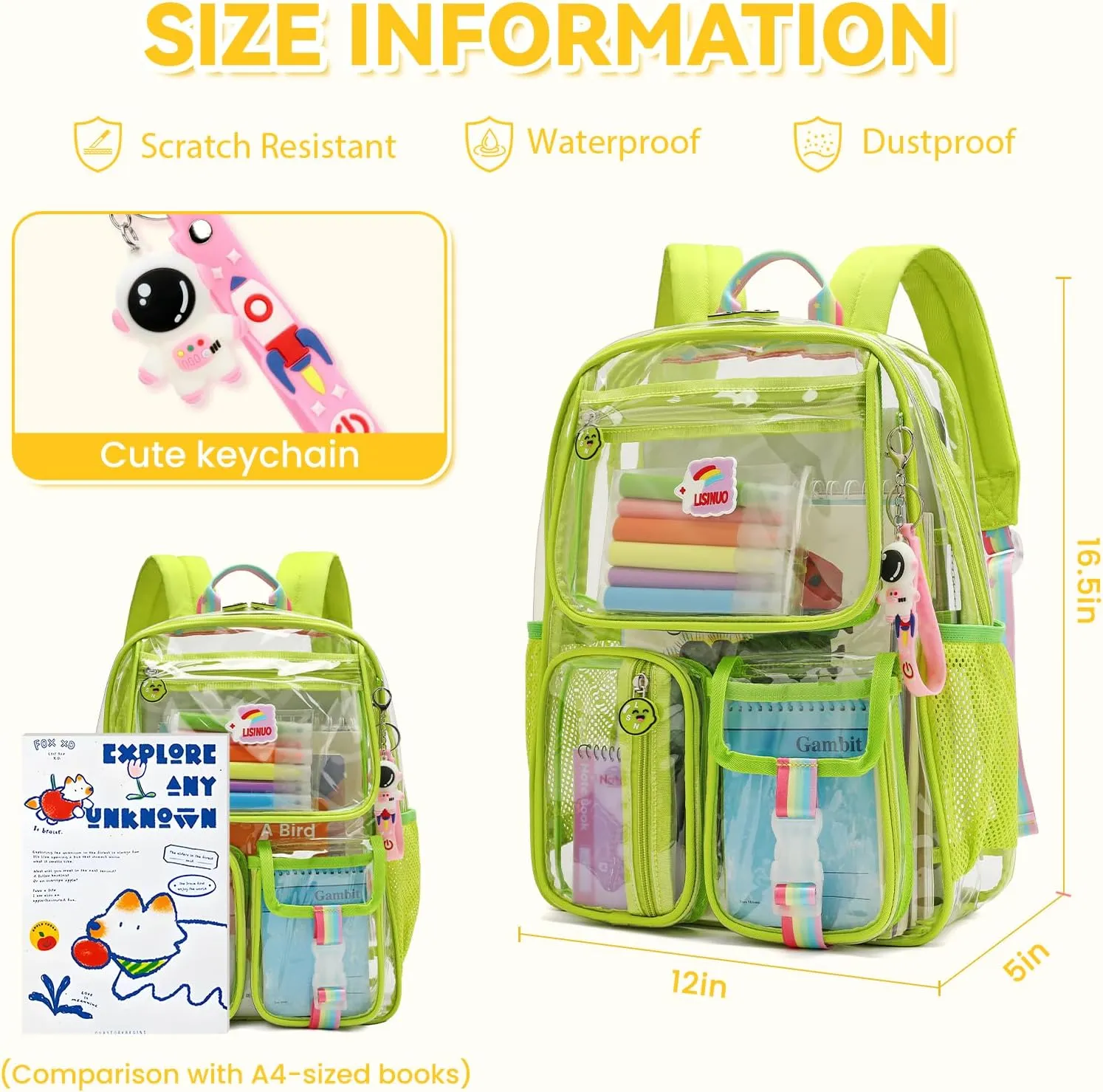 Clear Backpack Heavy Duty,Transparent Backpacks for School,Girls bookbag Stadium Approved,With Keychain(Green)