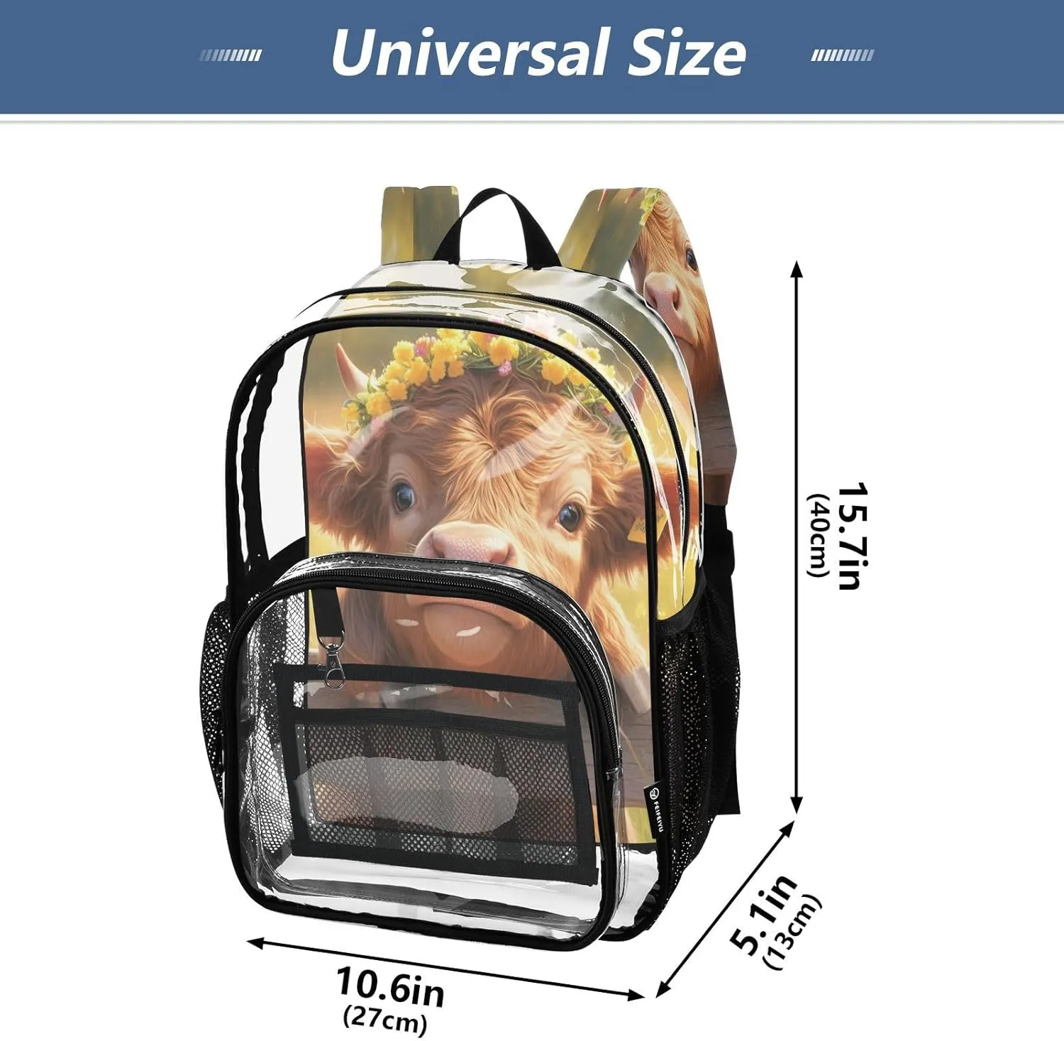 Clear Backpack High School Clear Backpacks For School Kids With Side Pocket Transparent PVC Backpacks A Highland Calf with A Flower Crown in A Grassy Field