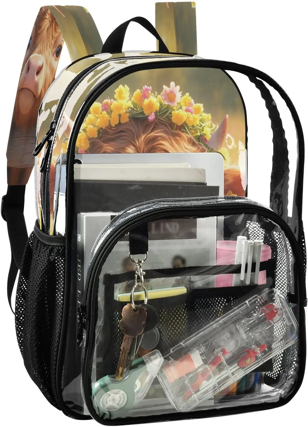 Clear Backpack High School Clear Backpacks For School Kids With Side Pocket Transparent PVC Backpacks A Highland Calf with A Flower Crown in A Grassy Field