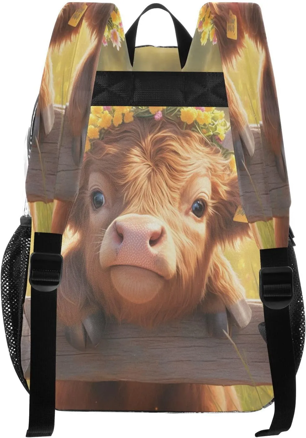 Clear Backpack High School Clear Backpacks For School Kids With Side Pocket Transparent PVC Backpacks A Highland Calf with A Flower Crown in A Grassy Field