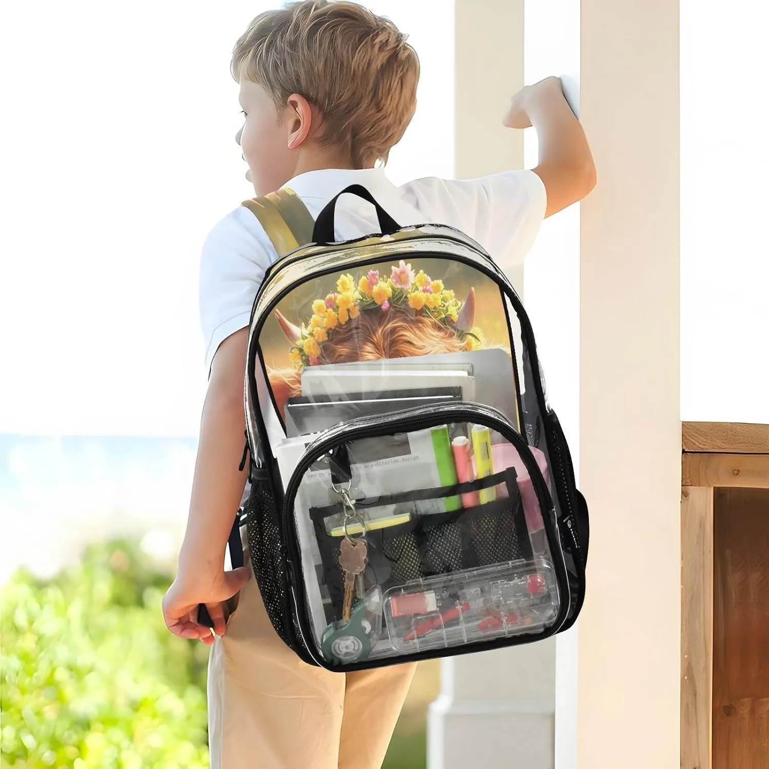 Clear Backpack High School Clear Backpacks For School Kids With Side Pocket Transparent PVC Backpacks A Highland Calf with A Flower Crown in A Grassy Field