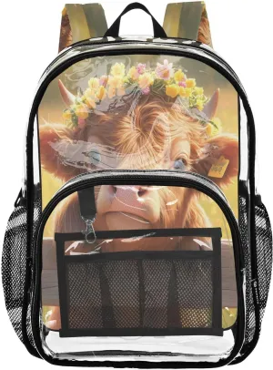 Clear Backpack High School Clear Backpacks For School Kids With Side Pocket Transparent PVC Backpacks A Highland Calf with A Flower Crown in A Grassy Field