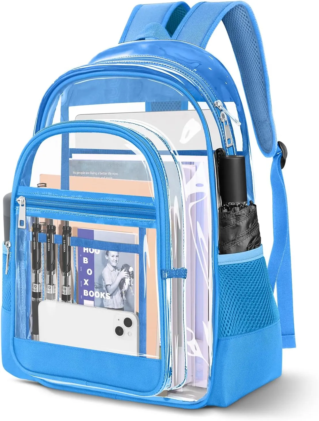 Clear Backpack, Large See Through PVC Transparent Backpack with Multi-pockets for School, College, Concert, Work, Travel, Blue