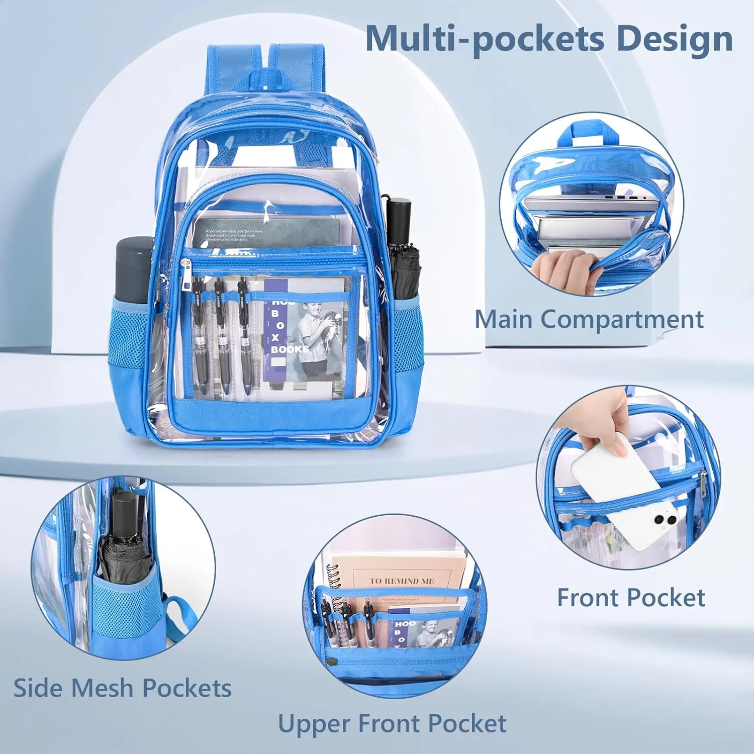 Clear Backpack, Large See Through PVC Transparent Backpack with Multi-pockets for School, College, Concert, Work, Travel, Blue