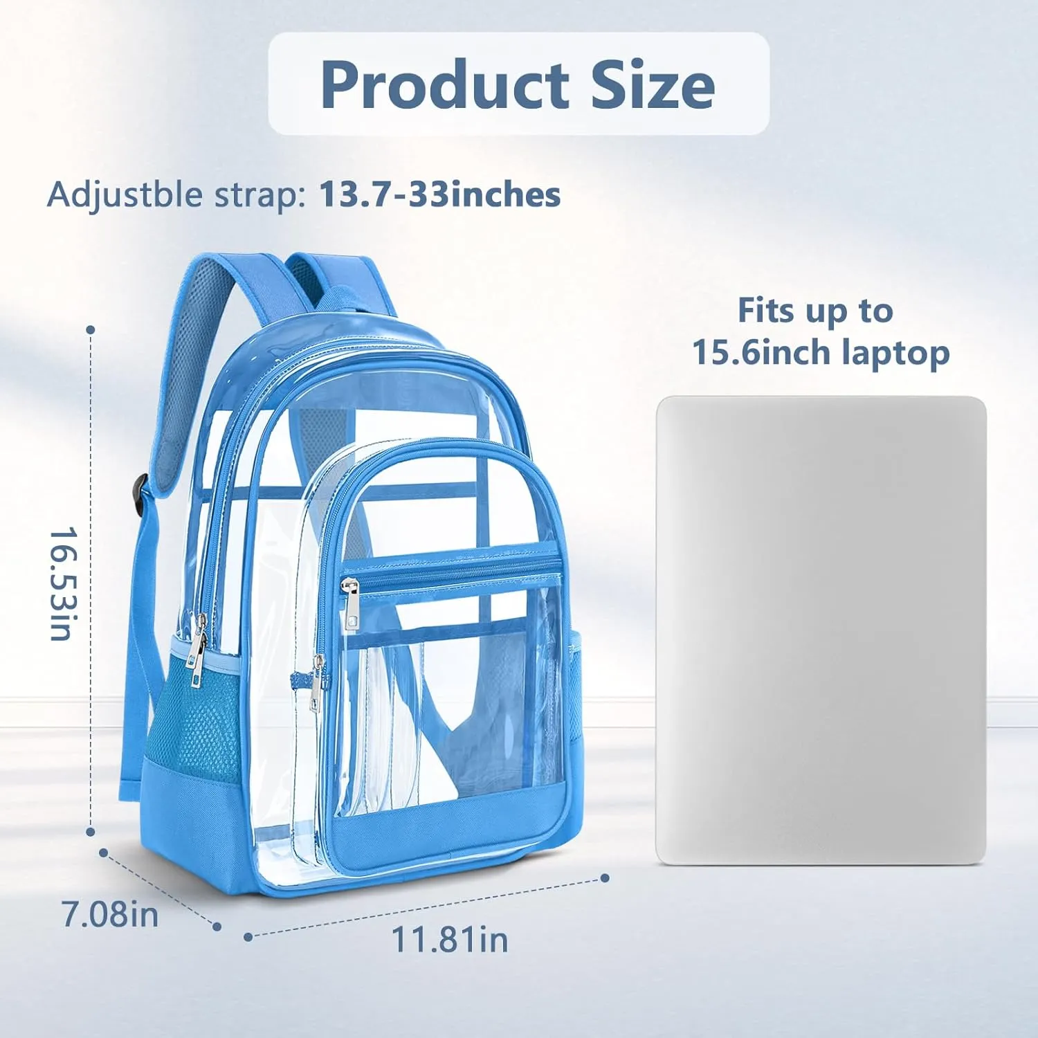 Clear Backpack, Large See Through PVC Transparent Backpack with Multi-pockets for School, College, Concert, Work, Travel, Blue
