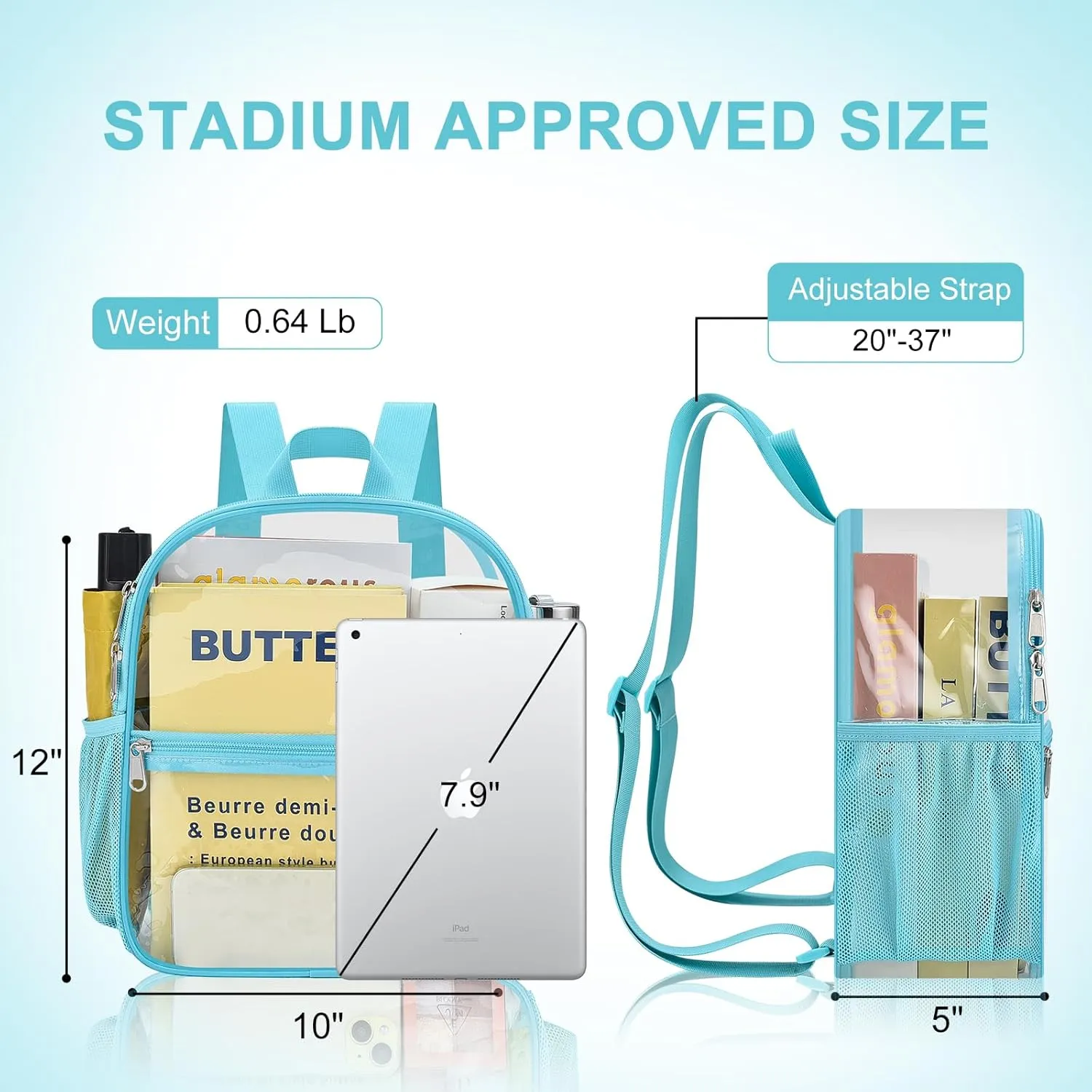 Clear Backpack Stadium Approved 12×12×6 Clear Mini Backpack Small Transparent Backpack for Concert, Beach, Work, Travel & Sporting（Aqua）