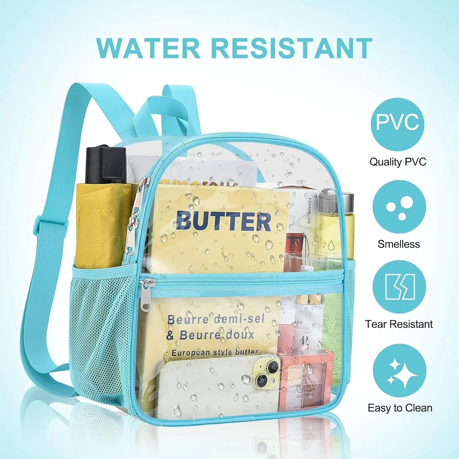 Clear Backpack Stadium Approved 12×12×6 Clear Mini Backpack Small Transparent Backpack for Concert, Beach, Work, Travel & Sporting（Aqua）