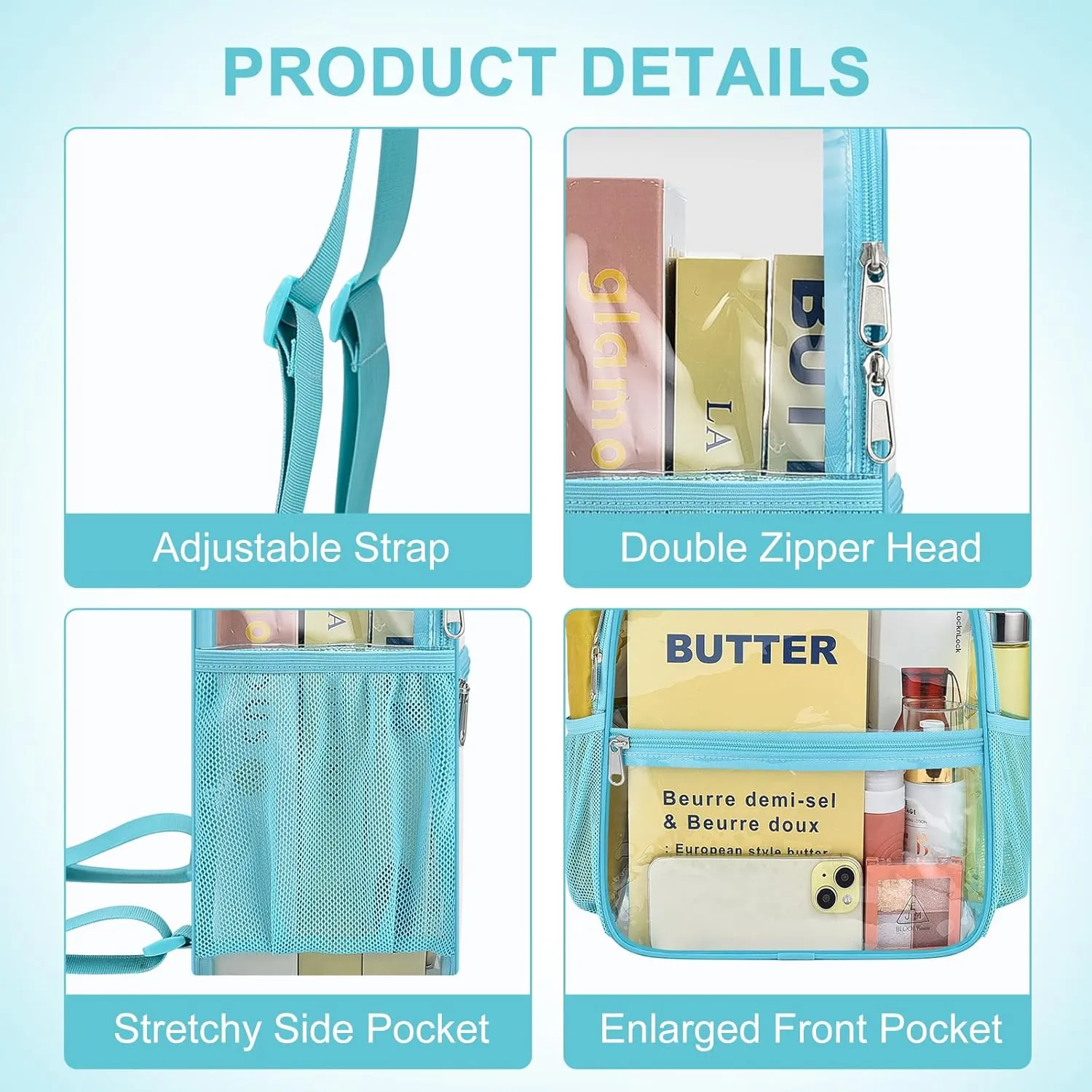 Clear Backpack Stadium Approved 12×12×6 Clear Mini Backpack Small Transparent Backpack for Concert, Beach, Work, Travel & Sporting（Aqua）