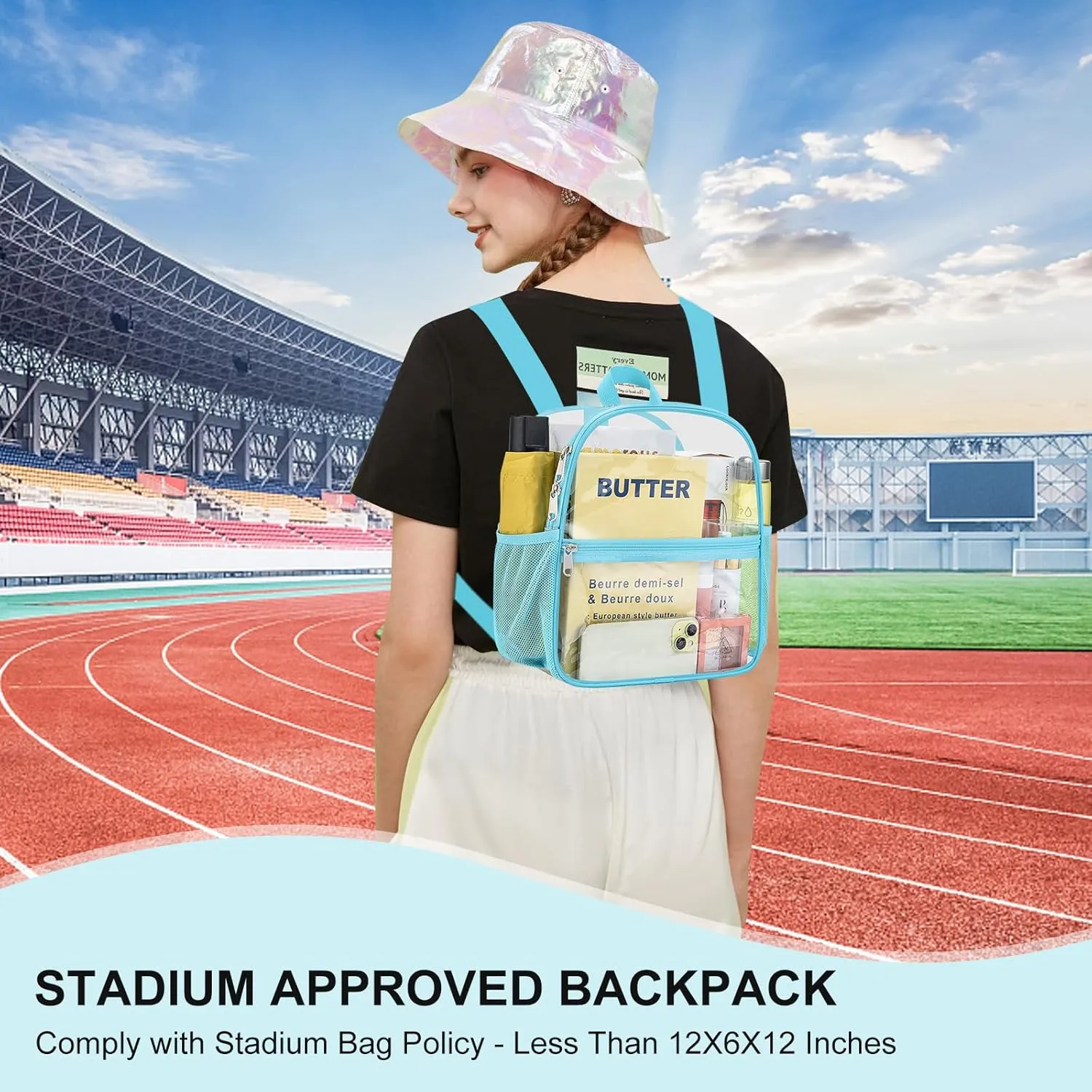 Clear Backpack Stadium Approved 12×12×6 Clear Mini Backpack Small Transparent Backpack for Concert, Beach, Work, Travel & Sporting（Aqua）
