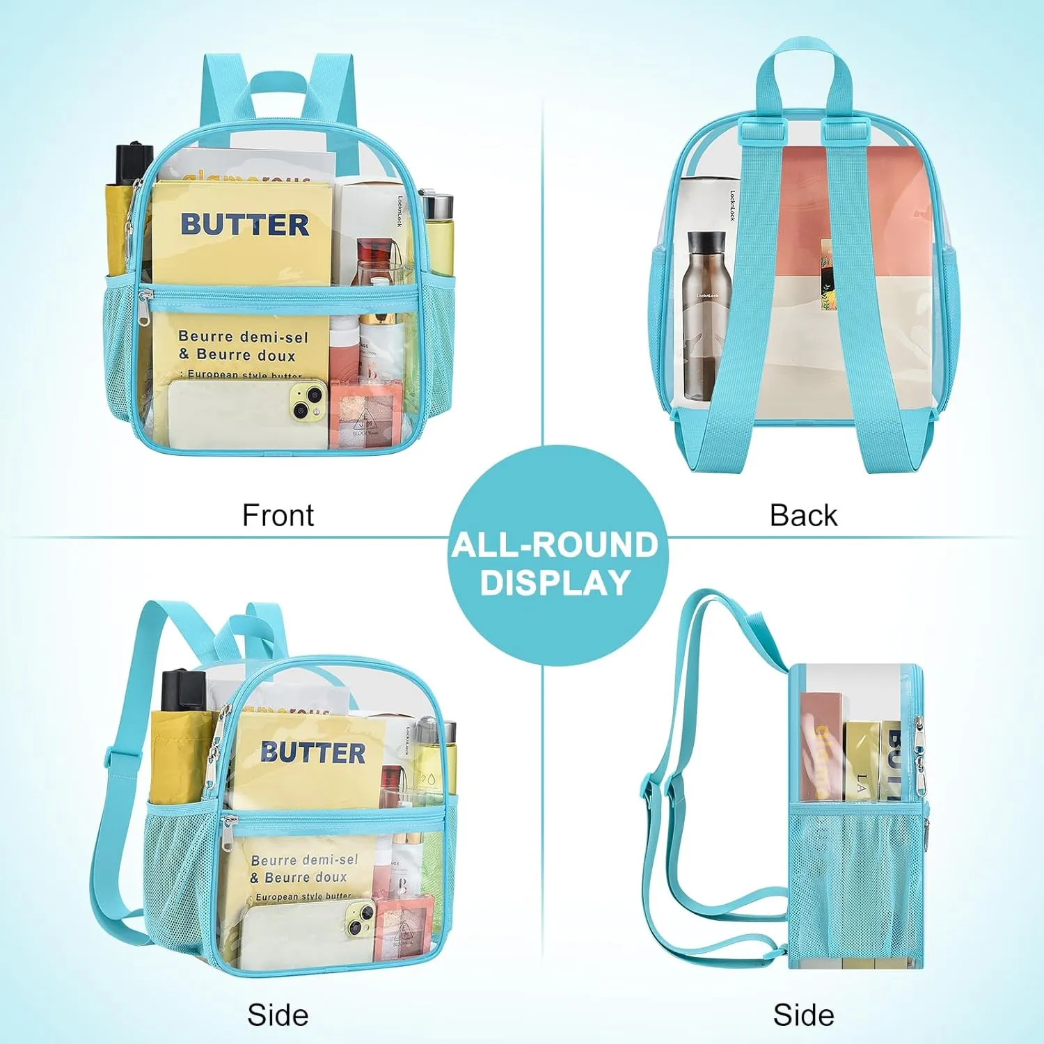 Clear Backpack Stadium Approved 12×12×6 Clear Mini Backpack Small Transparent Backpack for Concert, Beach, Work, Travel & Sporting（Aqua）
