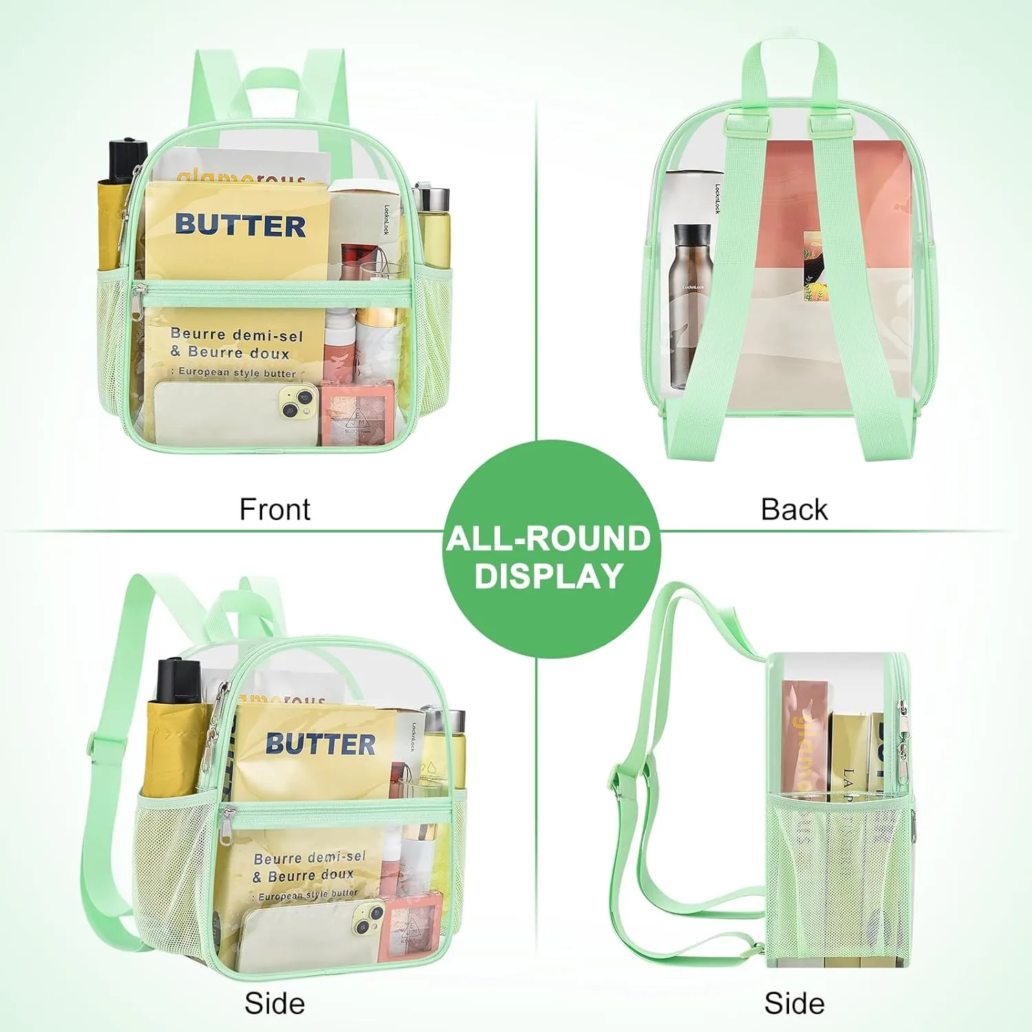 Clear Backpack Stadium Approved 12×12×6 Clear Mini Backpack Small Transparent Backpack for Concert, Beach, Work, Travel & Sporting（Avocado Green）