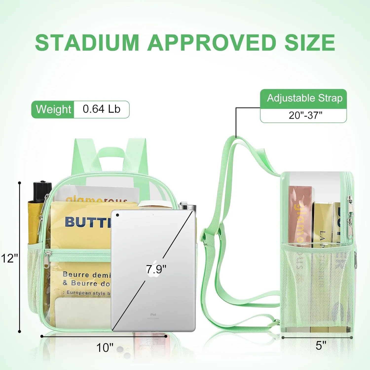 Clear Backpack Stadium Approved 12×12×6 Clear Mini Backpack Small Transparent Backpack for Concert, Beach, Work, Travel & Sporting（Avocado Green）