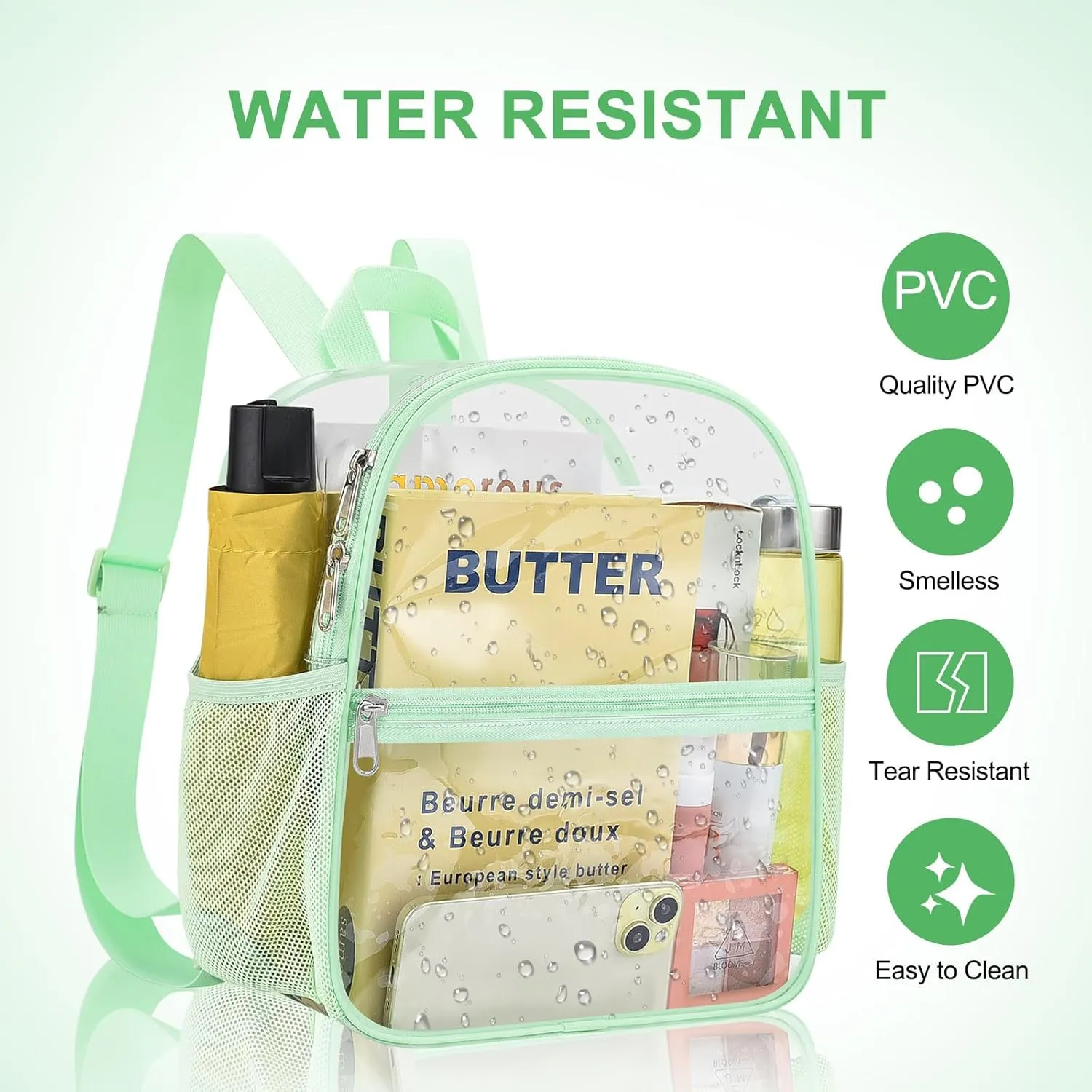 Clear Backpack Stadium Approved 12×12×6 Clear Mini Backpack Small Transparent Backpack for Concert, Beach, Work, Travel & Sporting（Avocado Green）