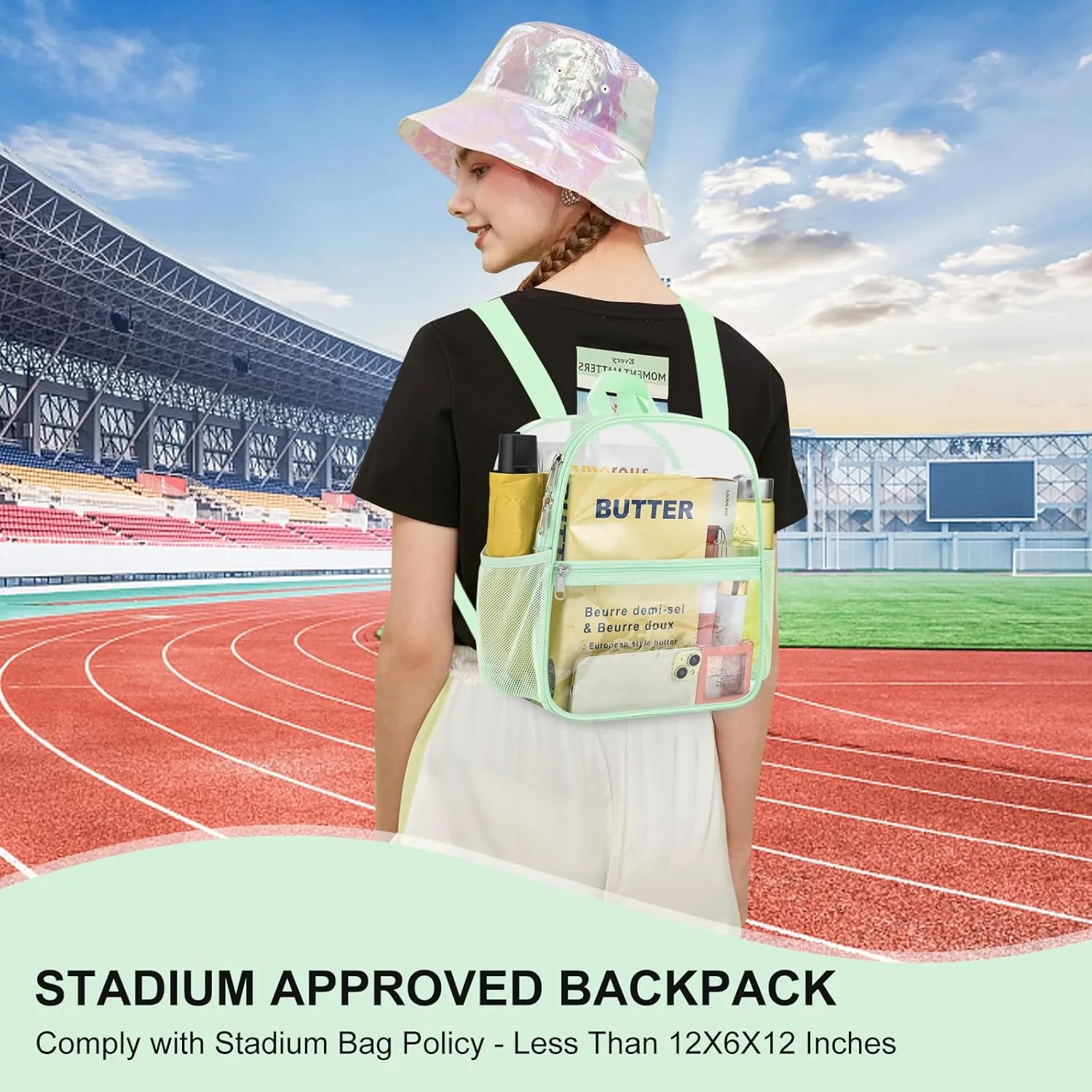 Clear Backpack Stadium Approved 12×12×6 Clear Mini Backpack Small Transparent Backpack for Concert, Beach, Work, Travel & Sporting（Avocado Green）