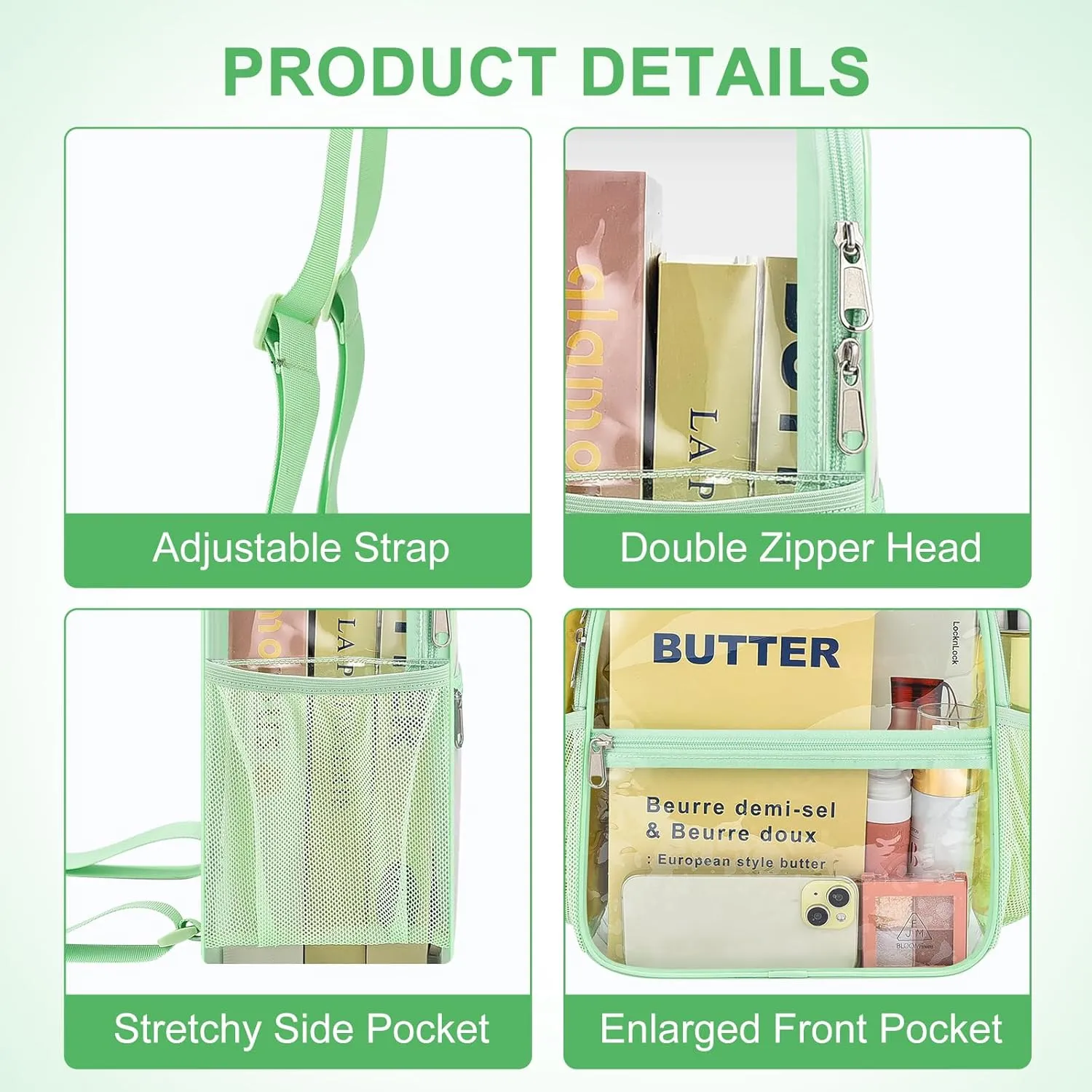 Clear Backpack Stadium Approved 12×12×6 Clear Mini Backpack Small Transparent Backpack for Concert, Beach, Work, Travel & Sporting（Avocado Green）