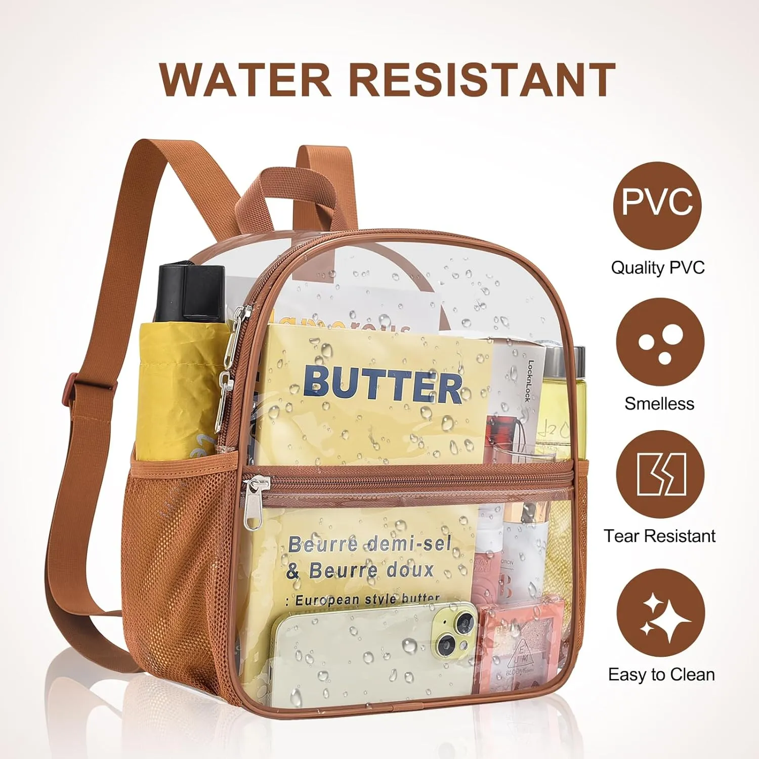 Clear Backpack Stadium Approved 12×12×6 Clear Mini Backpack Small Transparent Backpack for Concert, Beach, Work, Travel & Sporting（Coffee brown）