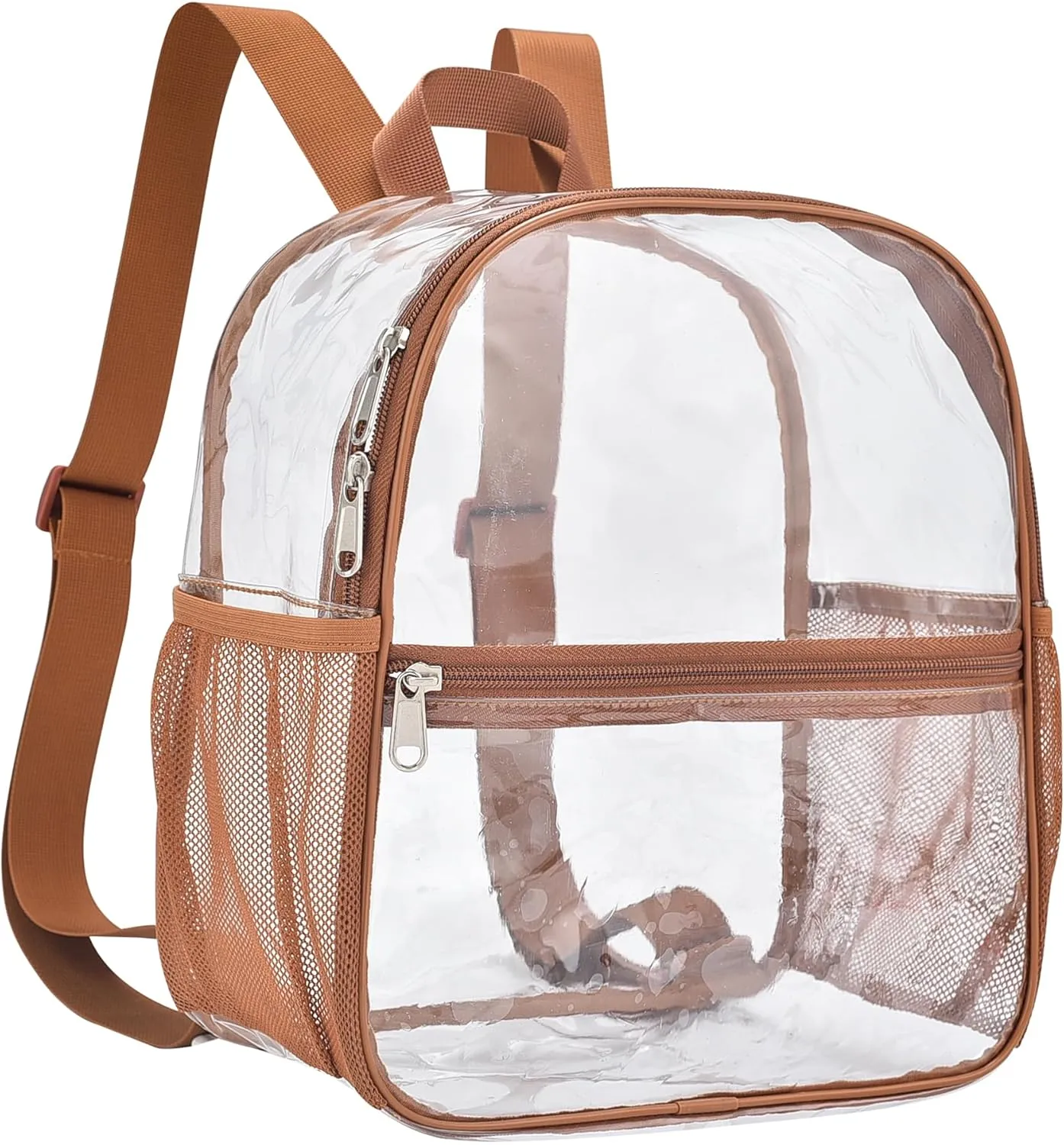 Clear Backpack Stadium Approved 12×12×6 Clear Mini Backpack Small Transparent Backpack for Concert, Beach, Work, Travel & Sporting（Coffee brown）