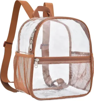 Clear Backpack Stadium Approved 12×12×6 Clear Mini Backpack Small Transparent Backpack for Concert, Beach, Work, Travel & Sporting（Coffee brown）